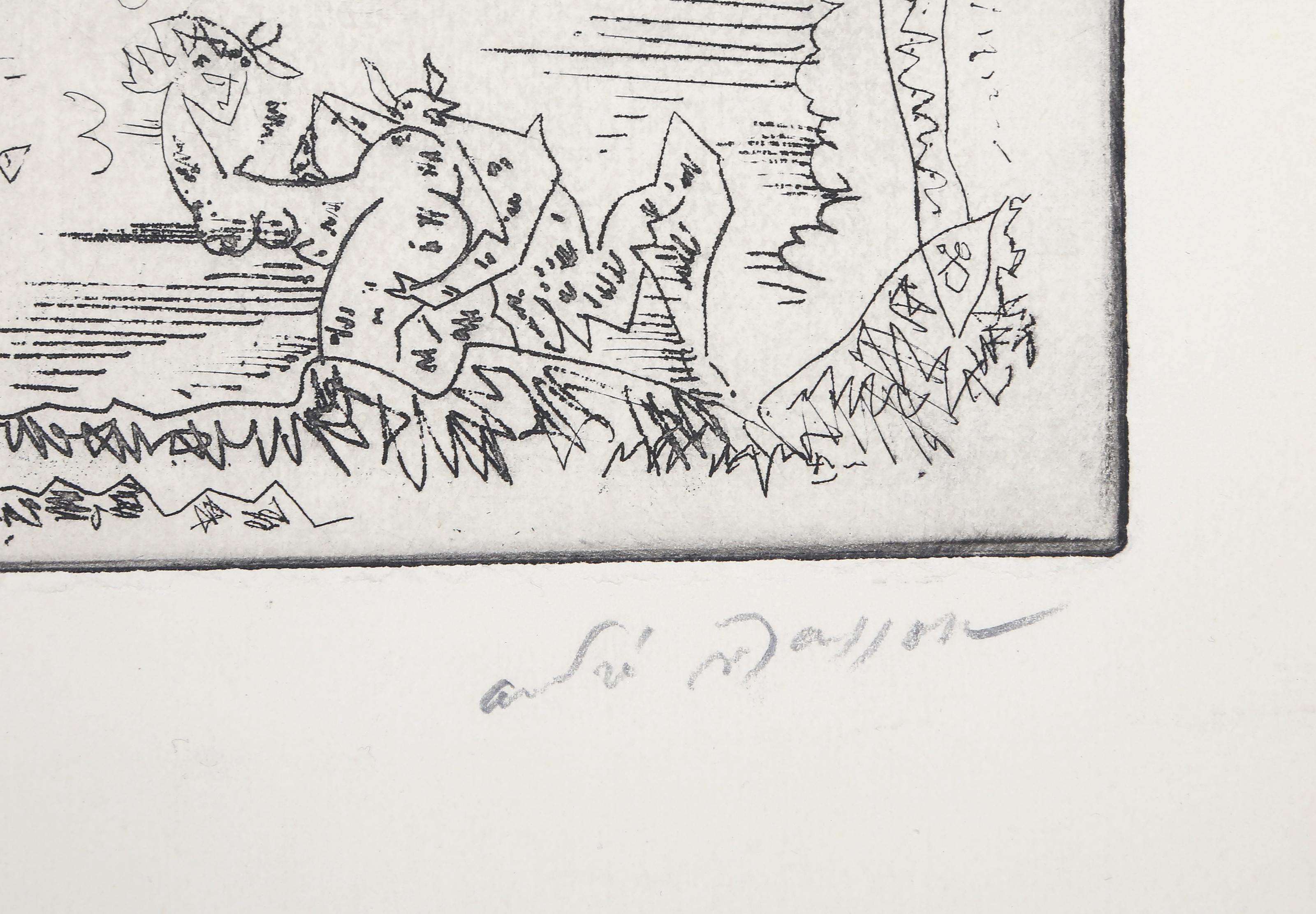 Ruthven Todd, Gedicht, surrealistische Radierung mit Aquatinta und Text von Andre Masson (Beige), Print, von André Masson
