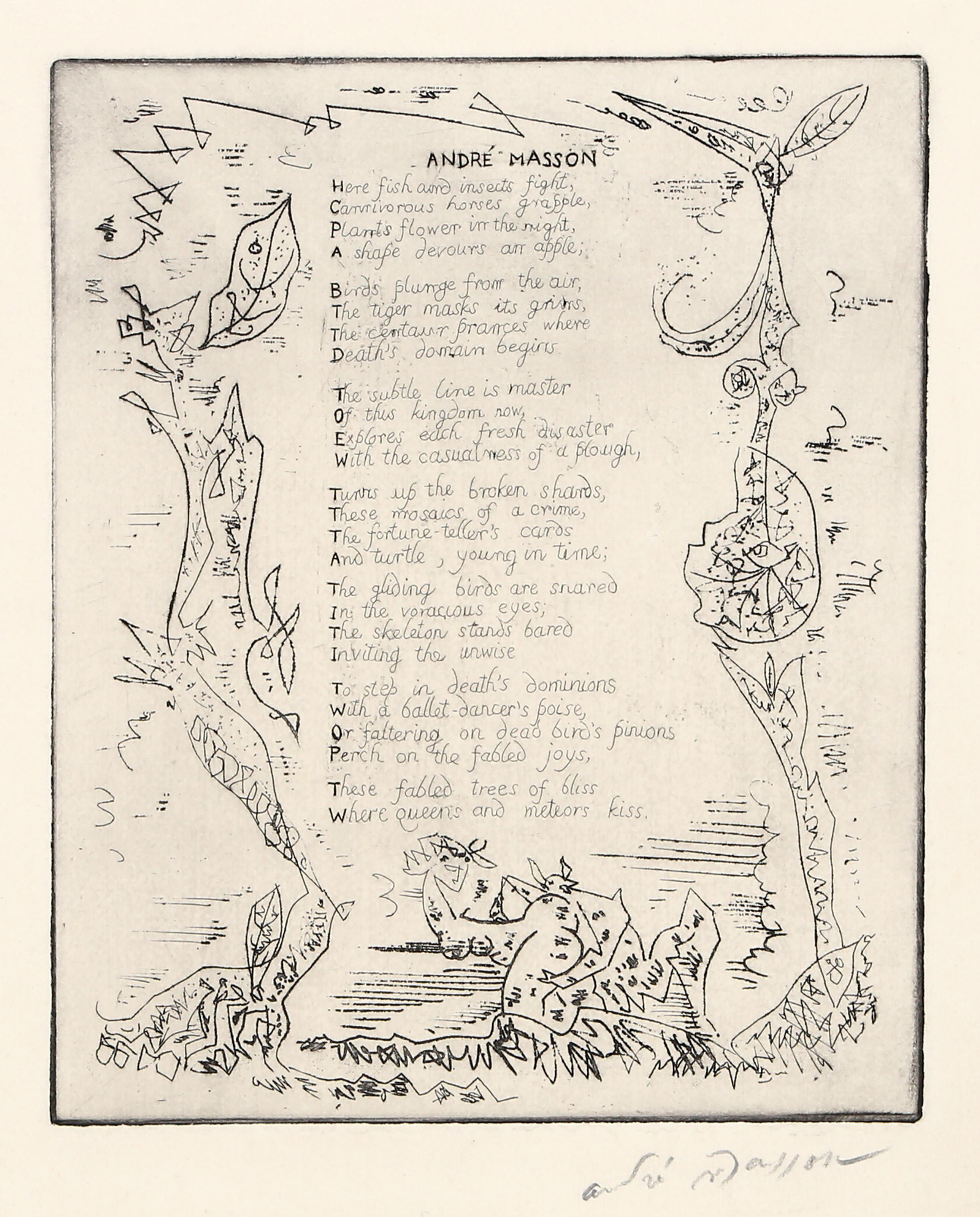 Poesia di Ruthven Todd, acquaforte surrealista con acquatinta e testo di Andre Masson