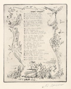 Ruthven Todd, Gedicht, surrealistische Radierung mit Aquatinta und Text von Andre Masson