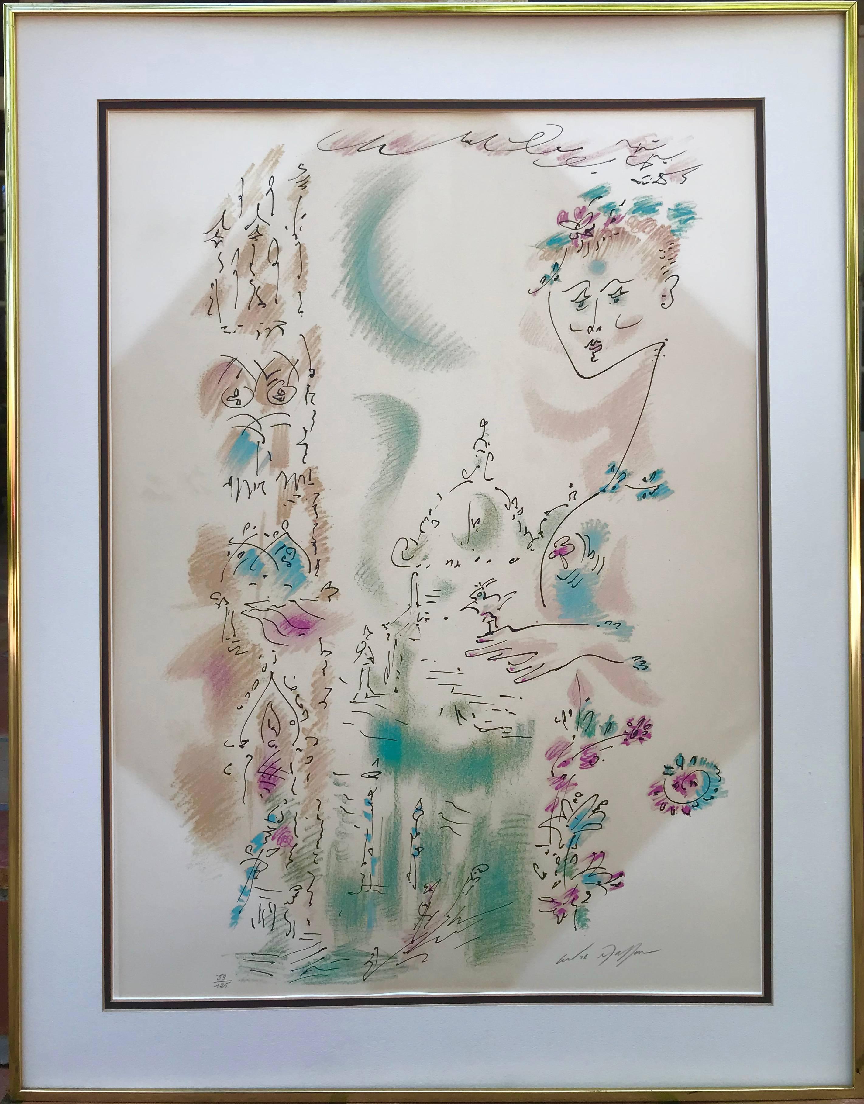 Venice en Fleurs.  Original colored lithograph on arches paper by the French artist, Andre Masson. Done in 1975. Edition: 59/125. Pencil signed lower right. Edition signed lower left.  From the Je Reve portfolio.  Overall framed with original thin