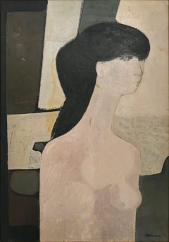 "Abstract Nude Woman" 20th Century French Impressionist Oil Painting on Canvas