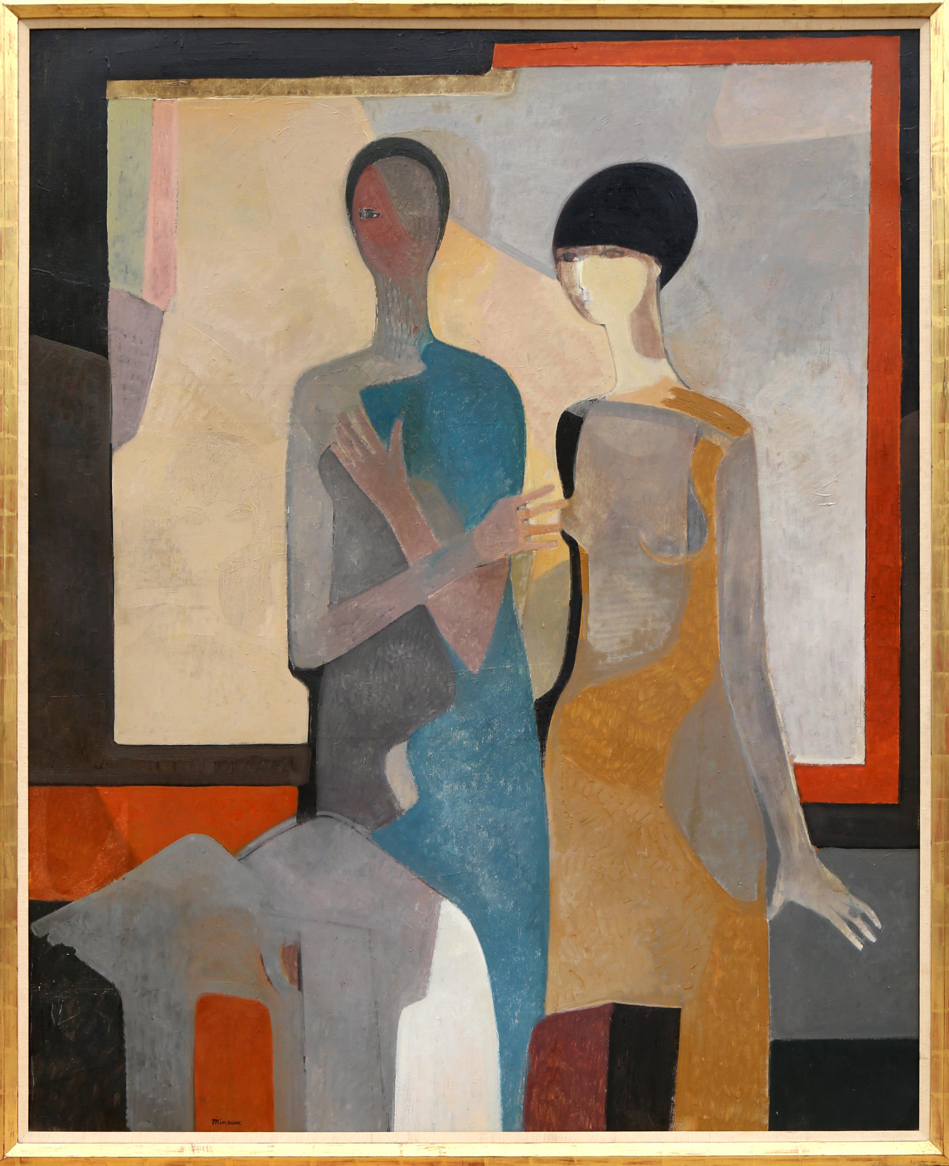 Zwei Frauen im Interieur, modernes kubistisches Gemälde von Andre Minaux