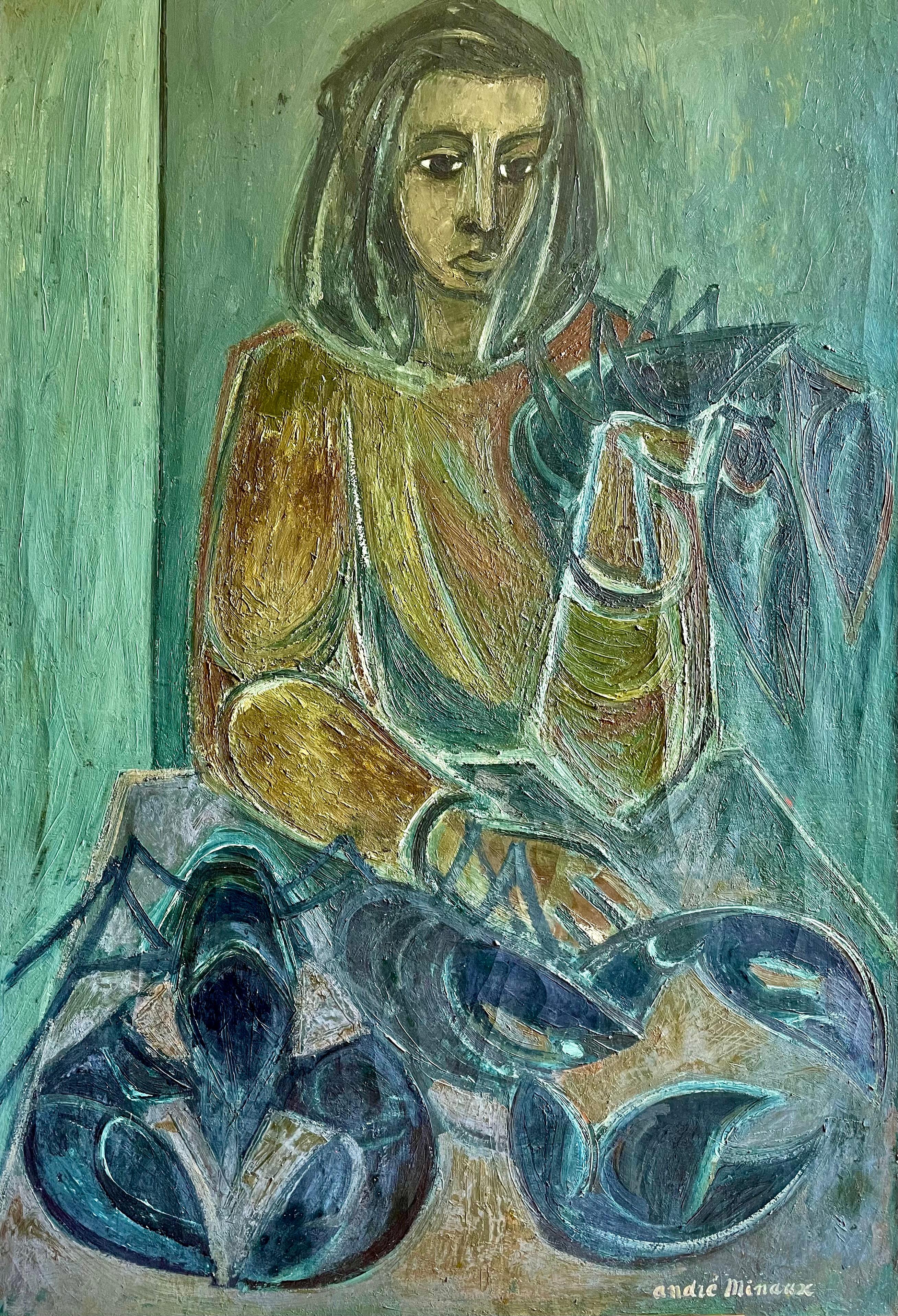 André Minaux Portrait Painting - Woman with Lobsters / "Femme et Homards" 