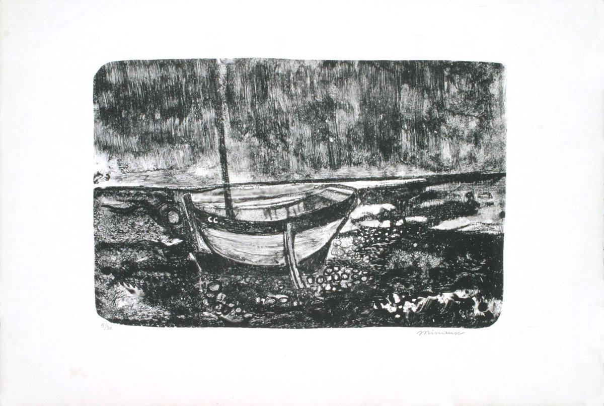 1970 Andre Minaux 'Boat Scene' Modernism Black & White Lithograph - Print by André Minaux