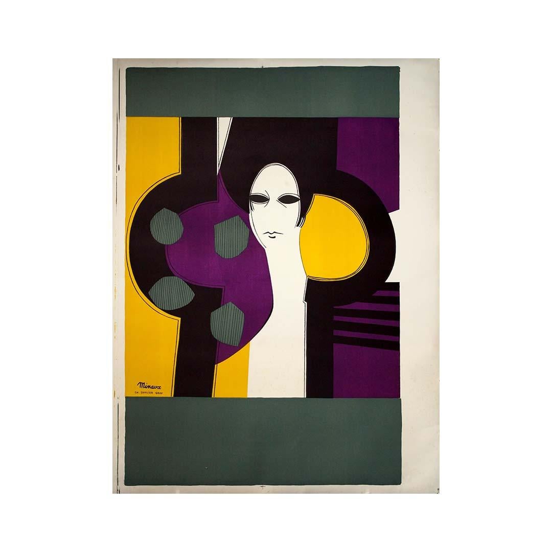 Circa 1970 original lithograph by Minaux- Portrait de femme - Print by André Minaux