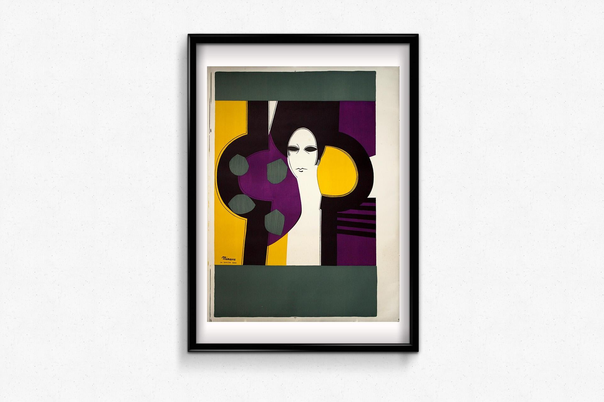 Bold, stylized, and deeply evocative, this circa 1970 original lithograph titled Portrait de femme by French artist André Minaux captures the distilled elegance of post-war modernism. In this striking work, Minaux reduces the female form to clean,