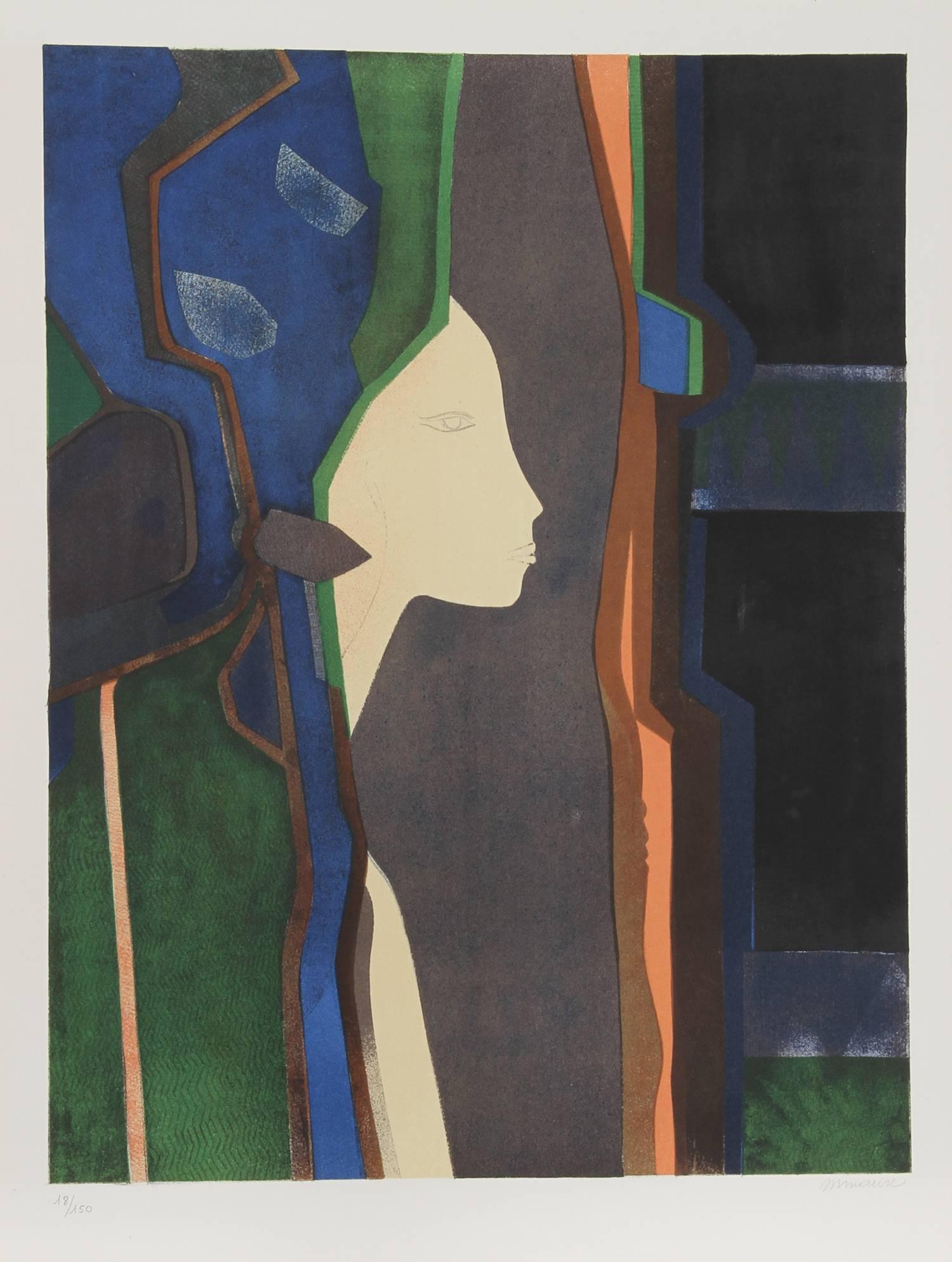"Dame et Mirroir", 1974, Signed Lithograph by Andre Minaux