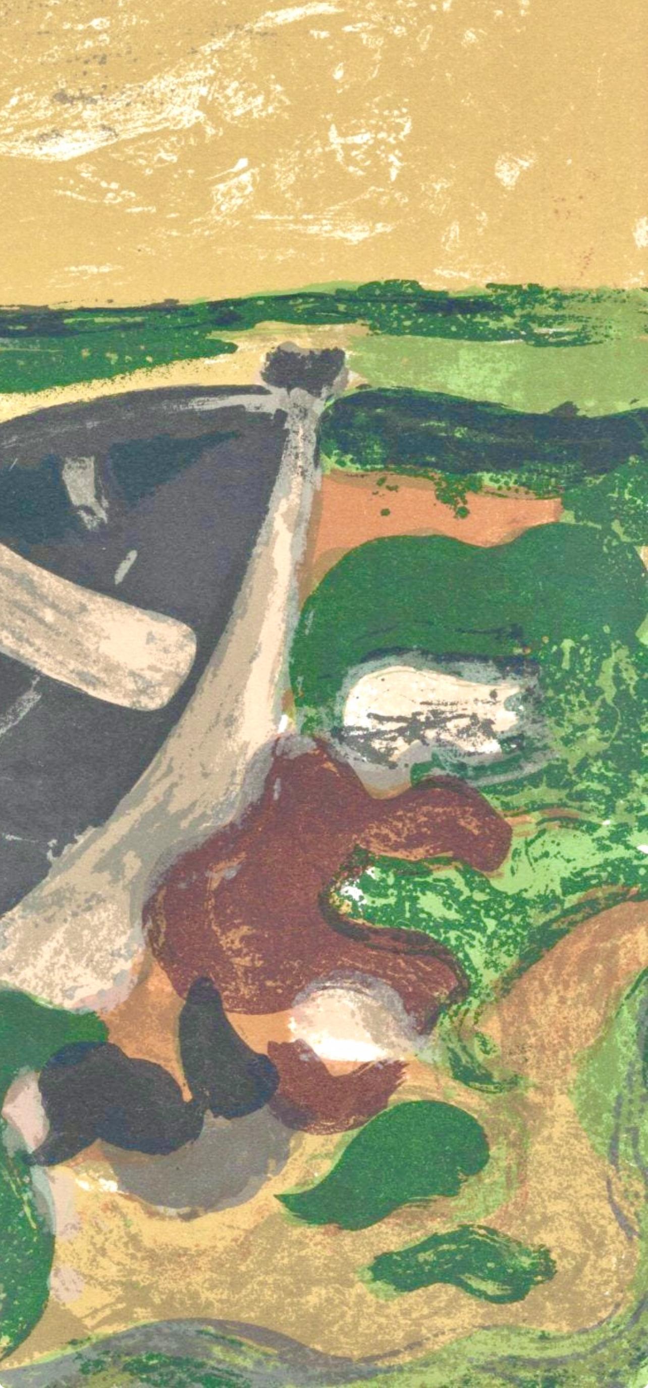 La barque échouée, Prints from the Mourlot Press - Beige Landscape Print by André Minaux