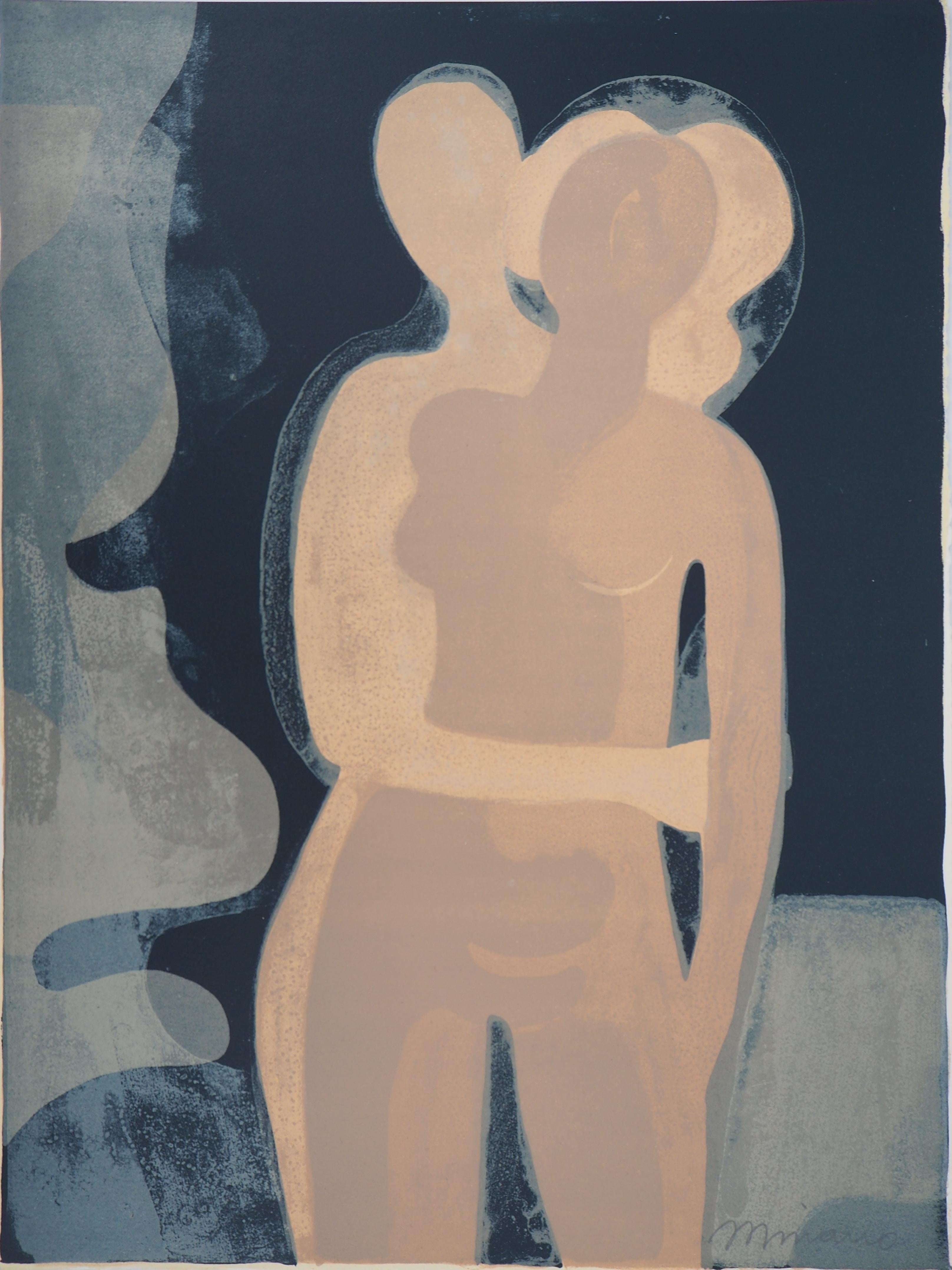 André Minaux Figurative Print - Lovers, Hug in the Night - Original handsigned lithograph