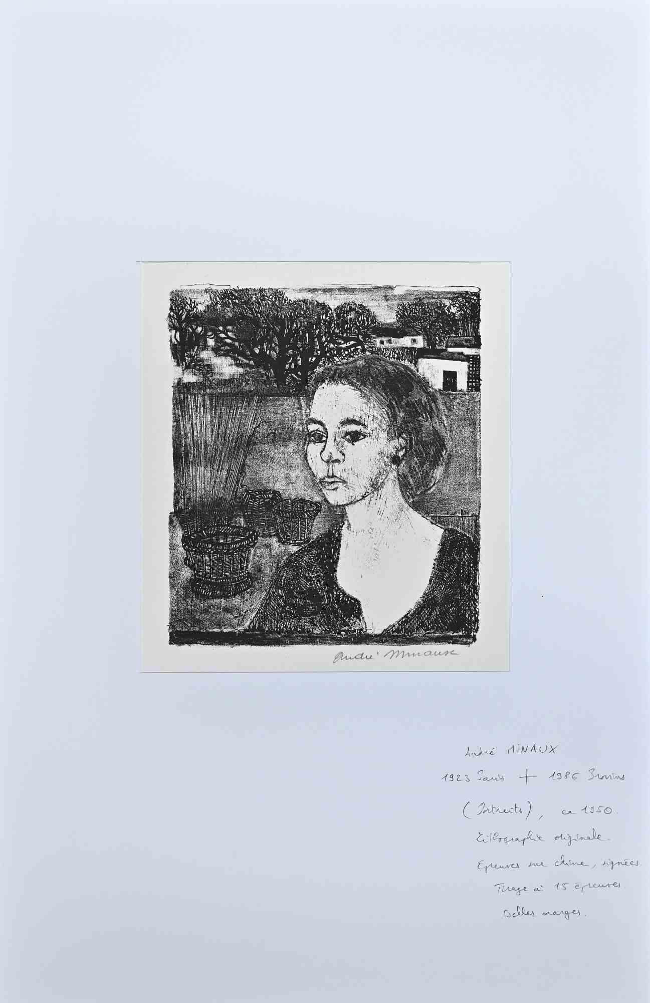 Portrait - Original Lithograph by Andre Minaux - Mid-20th Century - Print by André Minaux