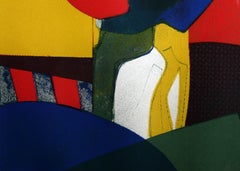 Naturaleza muerta con flores, litografía cubista enmarcada de André Minaux