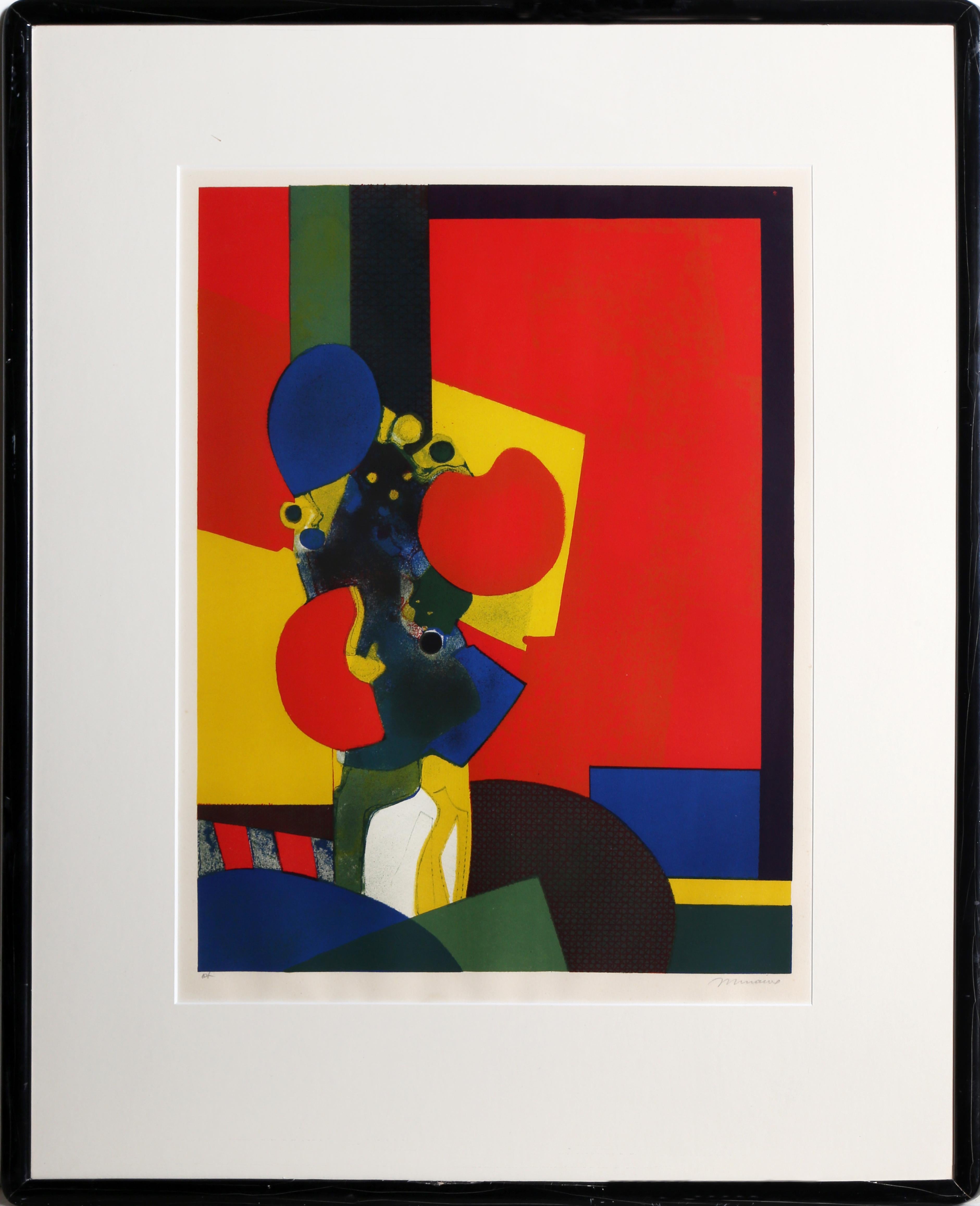 André Minaux Interior Print - Still Life with Flowers, Cubist Lithograph by Andre Minaux