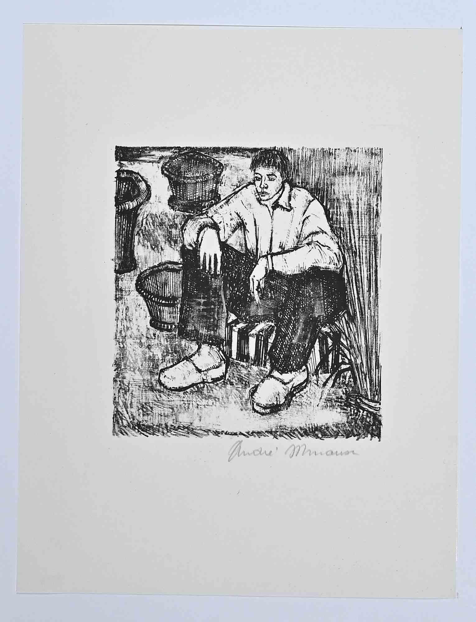 André Minaux Figurative Print - The Boy - Original Lithograph by Andre Minaux - mid-20th Century