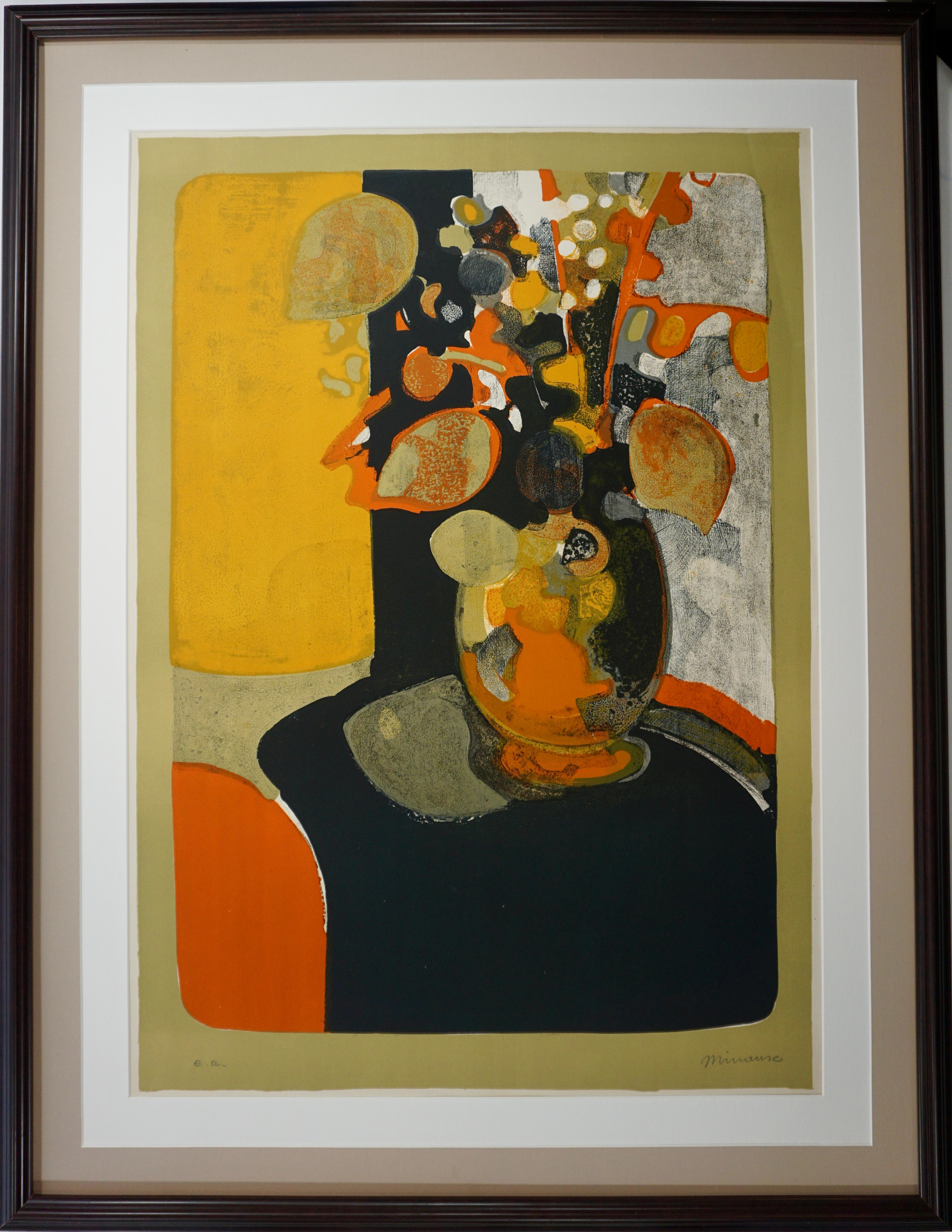 Still Life, Flowers In Vase On Table - Brown Still-Life Print by André Minaux