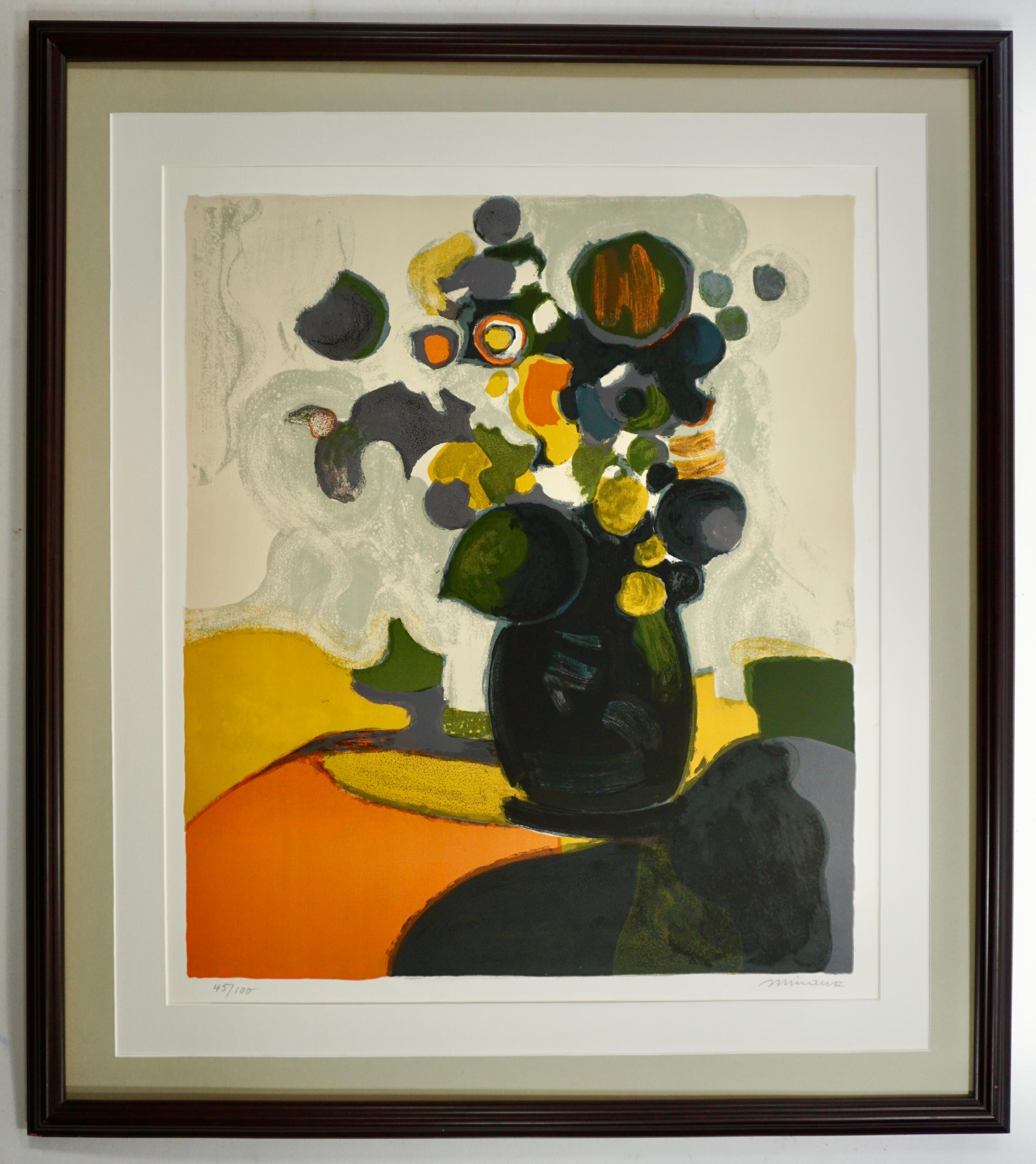 Still Life, Flowers In Vase On Table - Abstract Impressionist Print by André Minaux