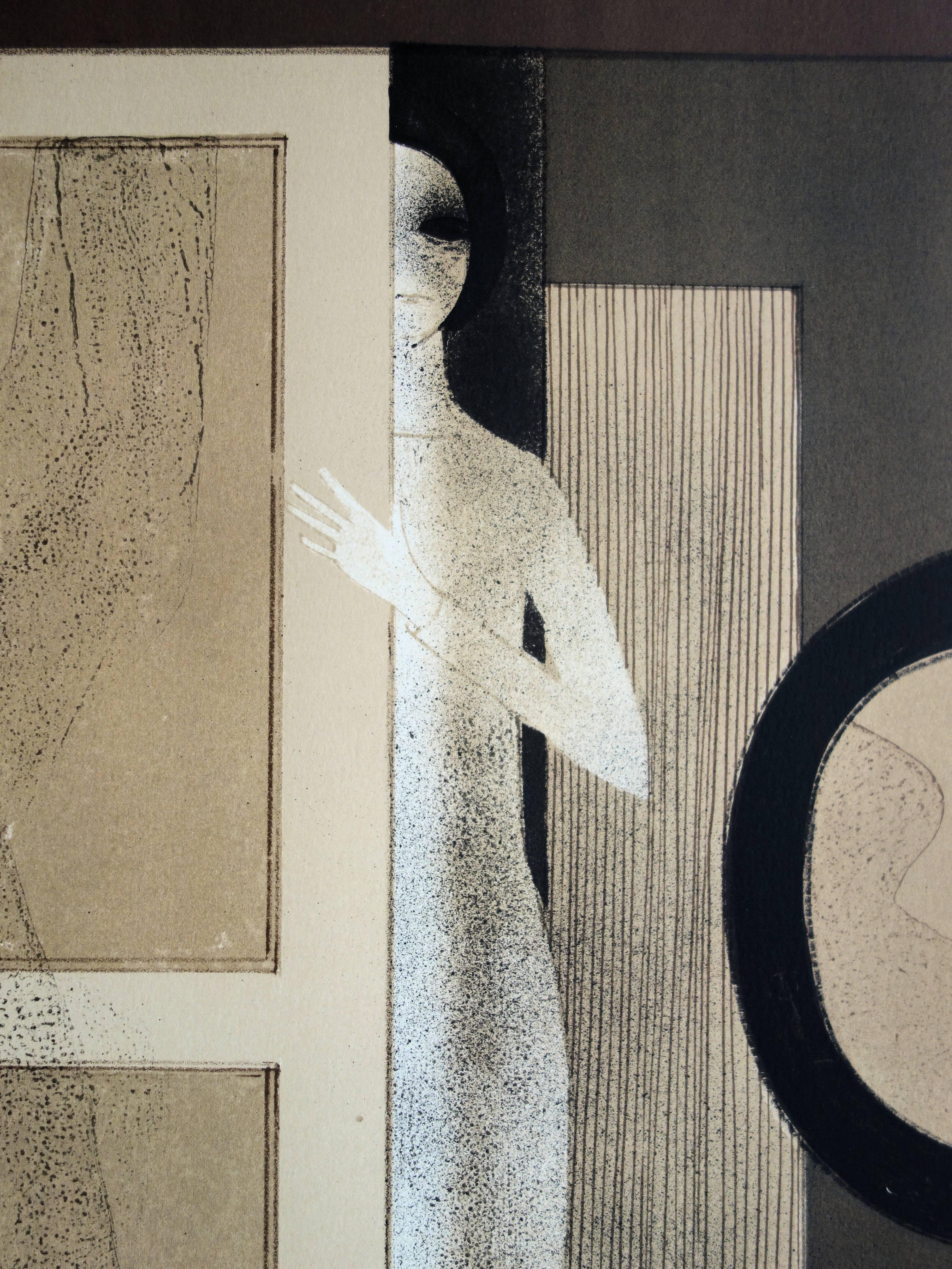 Young Girl in Dressing Room - Original Handsigned Lithograph - 140ex - Cubist Print by André Minaux