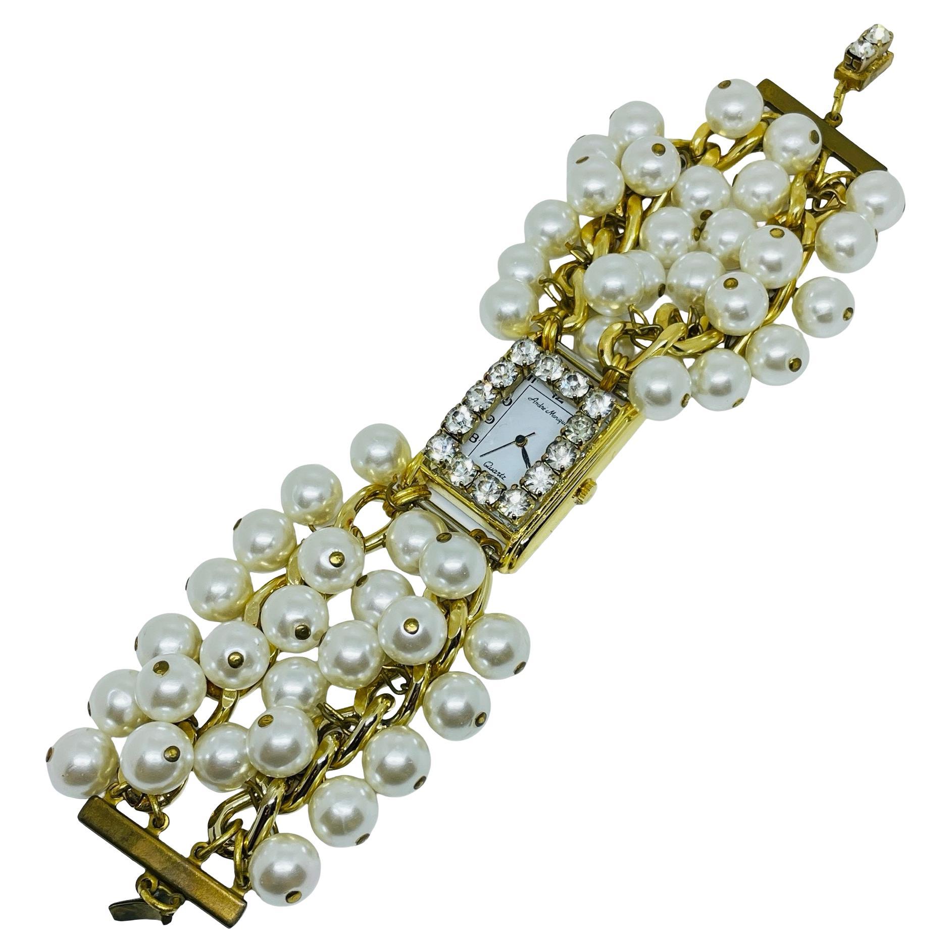 ANDRE MONIQUE vintage gold tone glass pearls beaded cha cha designer watch