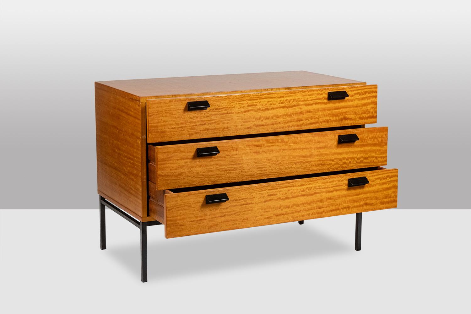 Varnished André Monpoix. Chest of drawers in varnished blond cherry. 1960s. For Sale