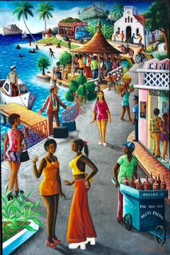 Andre Normil (Haitien, 1934-2014) « Scene de Vie au Port » Acrylique sur toile