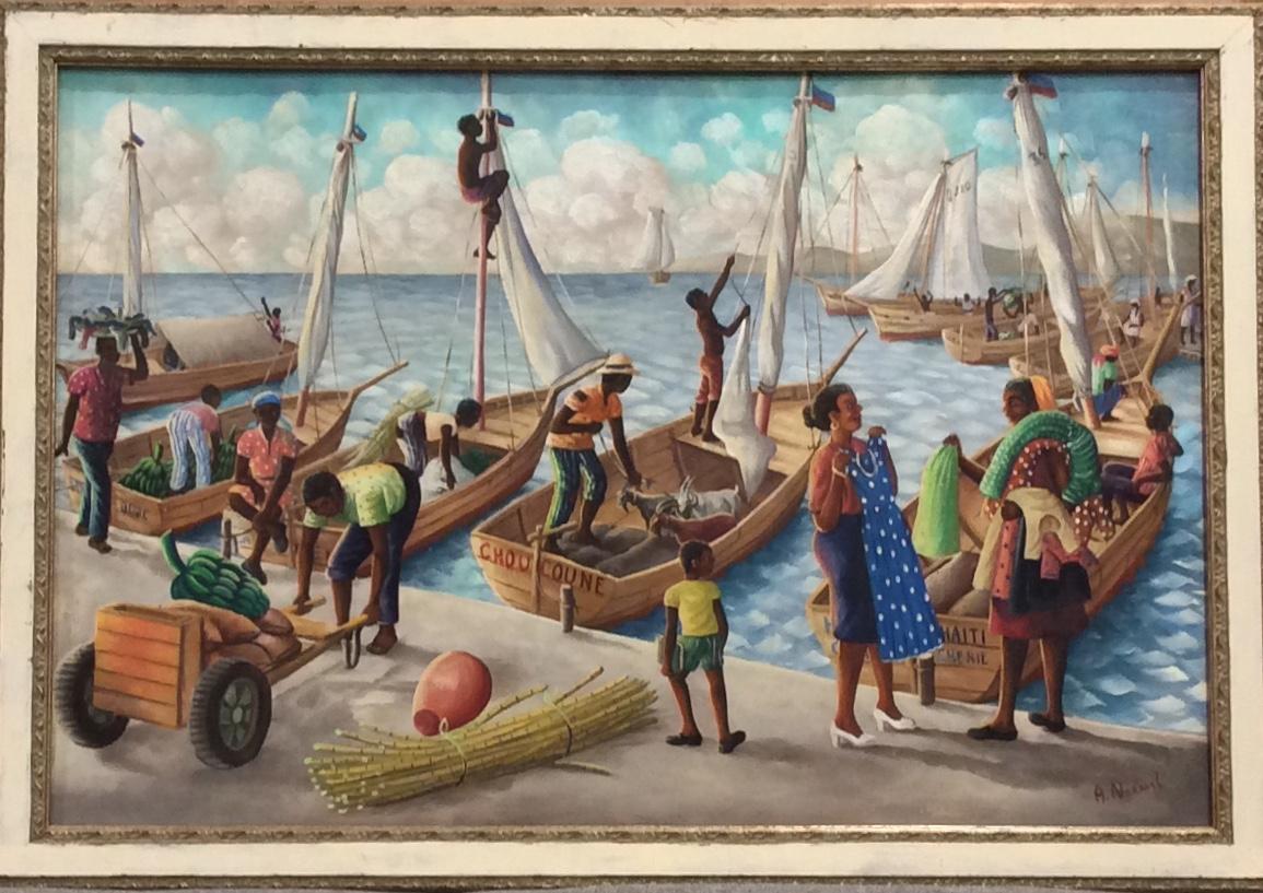 El difunto y famoso maestro haitiano Andre Normil creó esta impresionante obra maestra primitiva que representa una ajetreada escena de mercado junto al puerto de Jacmel, Haití. Es un óleo de 20 