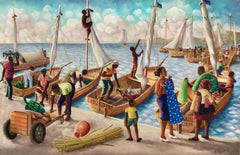 Das Leben im Hafen Zeitgenössisches haitianisches Ölgemälde auf Masonit, 20"x30"