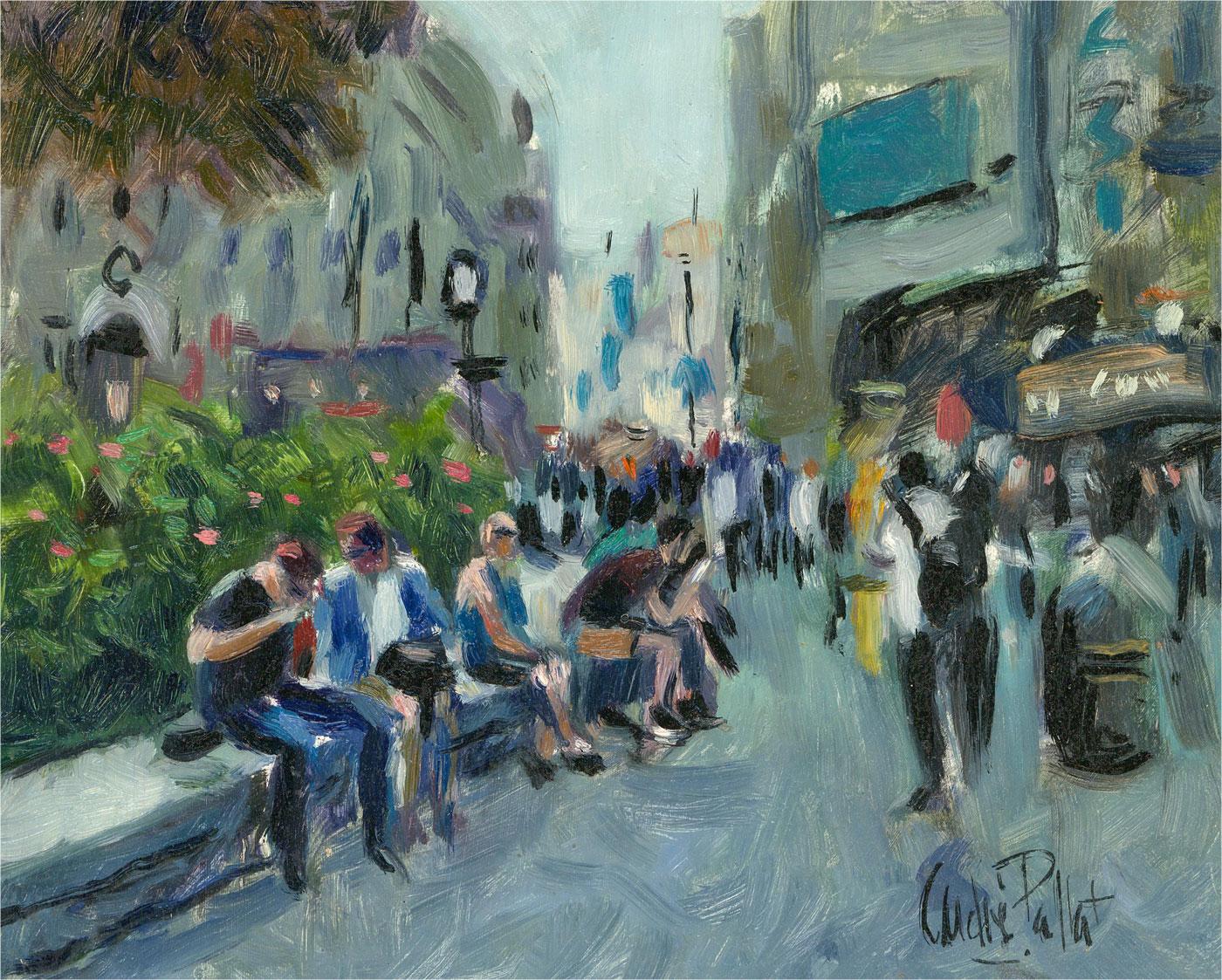 Un dipinto a olio dell'artista Andre Pallat, che raffigura una scena di strada affollata. Firmato in basso a destra. A bordo.
