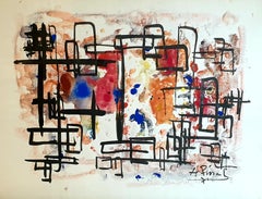 Retro 1970s Abstract Expressionist Belgian Gouache on Paper.