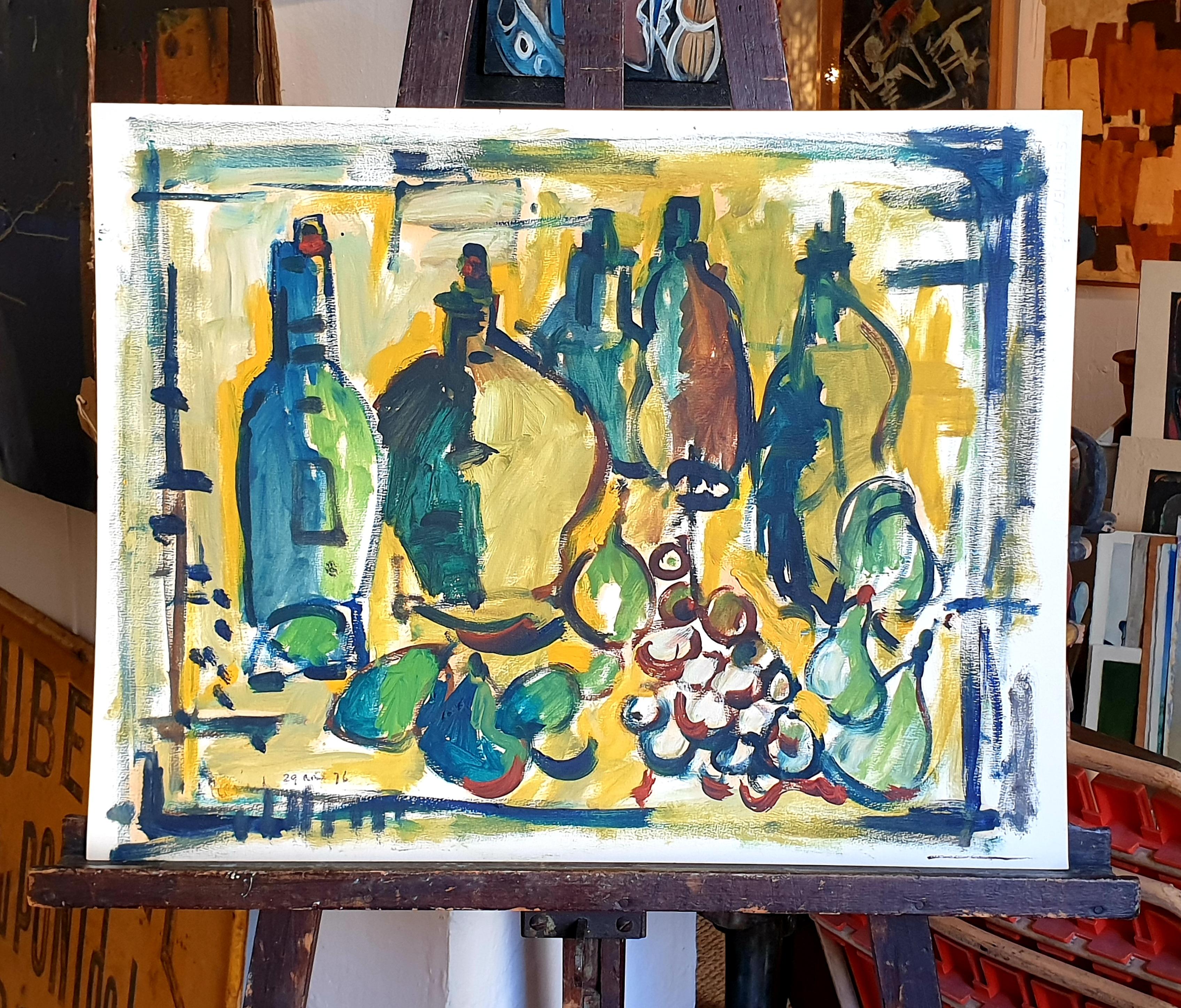 1970s Belgian Gouache Still Life Provençal Tablescape of Fruit and Tableware. 8
