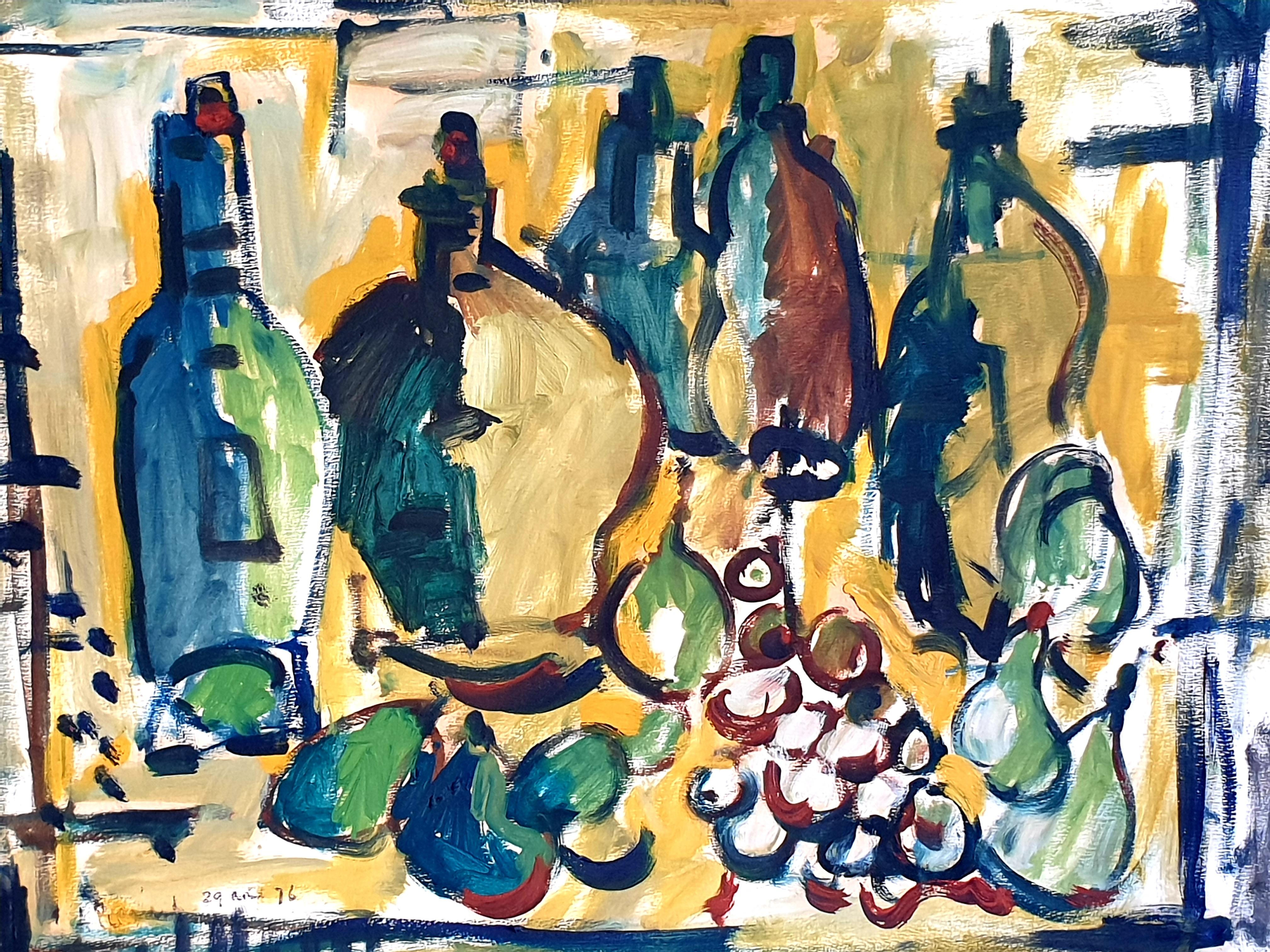 1970s Belgian Gouache Still Life Provençal Tablescape of Fruit and Tableware. - Painting by André Pierard