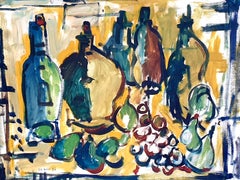 Bodegón belga al gouache de los años 70 Paisaje provenzal de frutas y vajilla.
