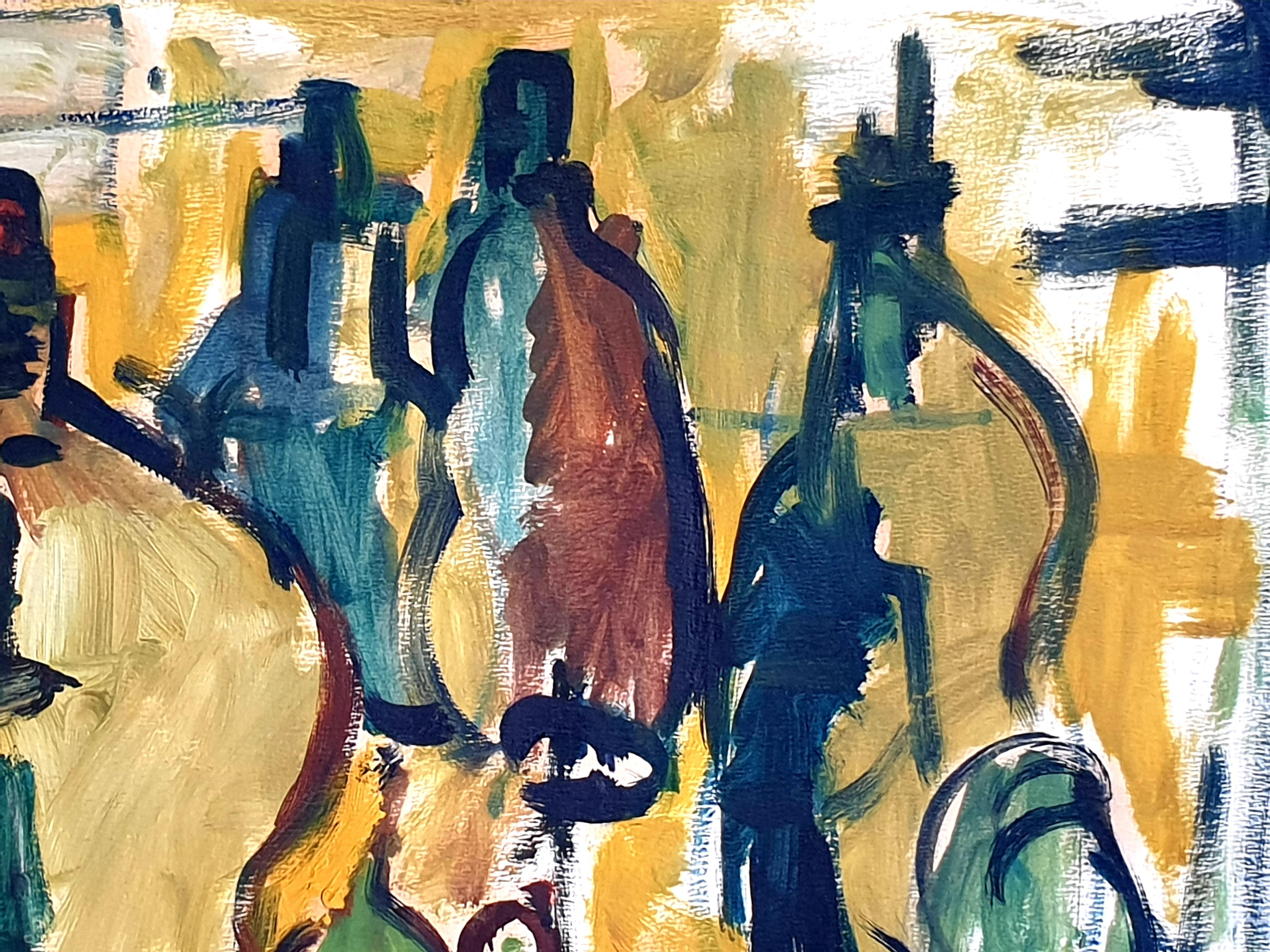 1970s Belgian Gouache Still Life Provençal Tablescape of Fruit and Tableware. - Expressionist Painting by André Pierard