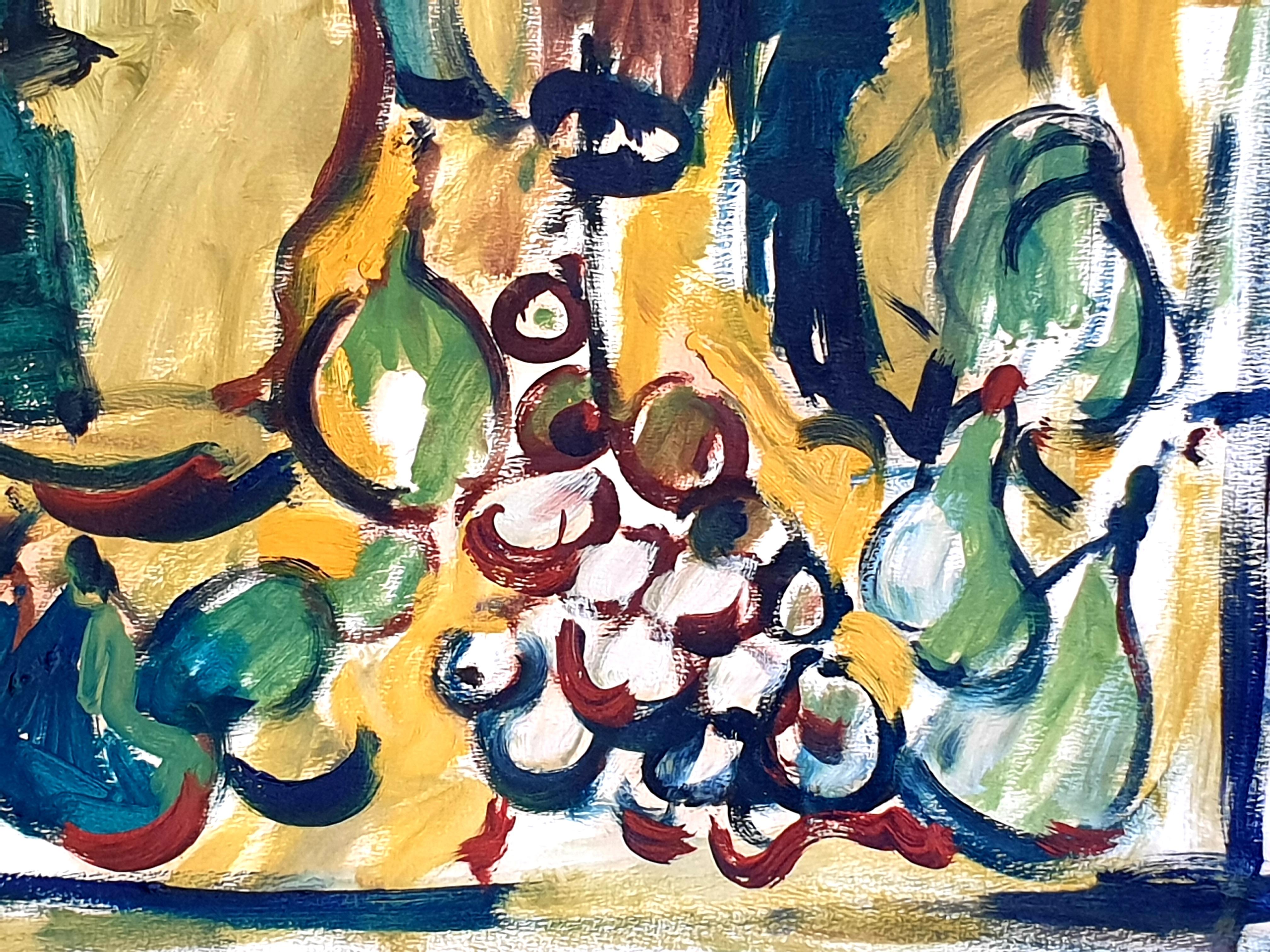 1970s expressionist still life gouache on paper by Belgian artist André Pierard painted in Provence in the south of France. Colourful representation of table laden with tableware and fruit. Signed and dated 1976 to bottom left. 

A highly colourful