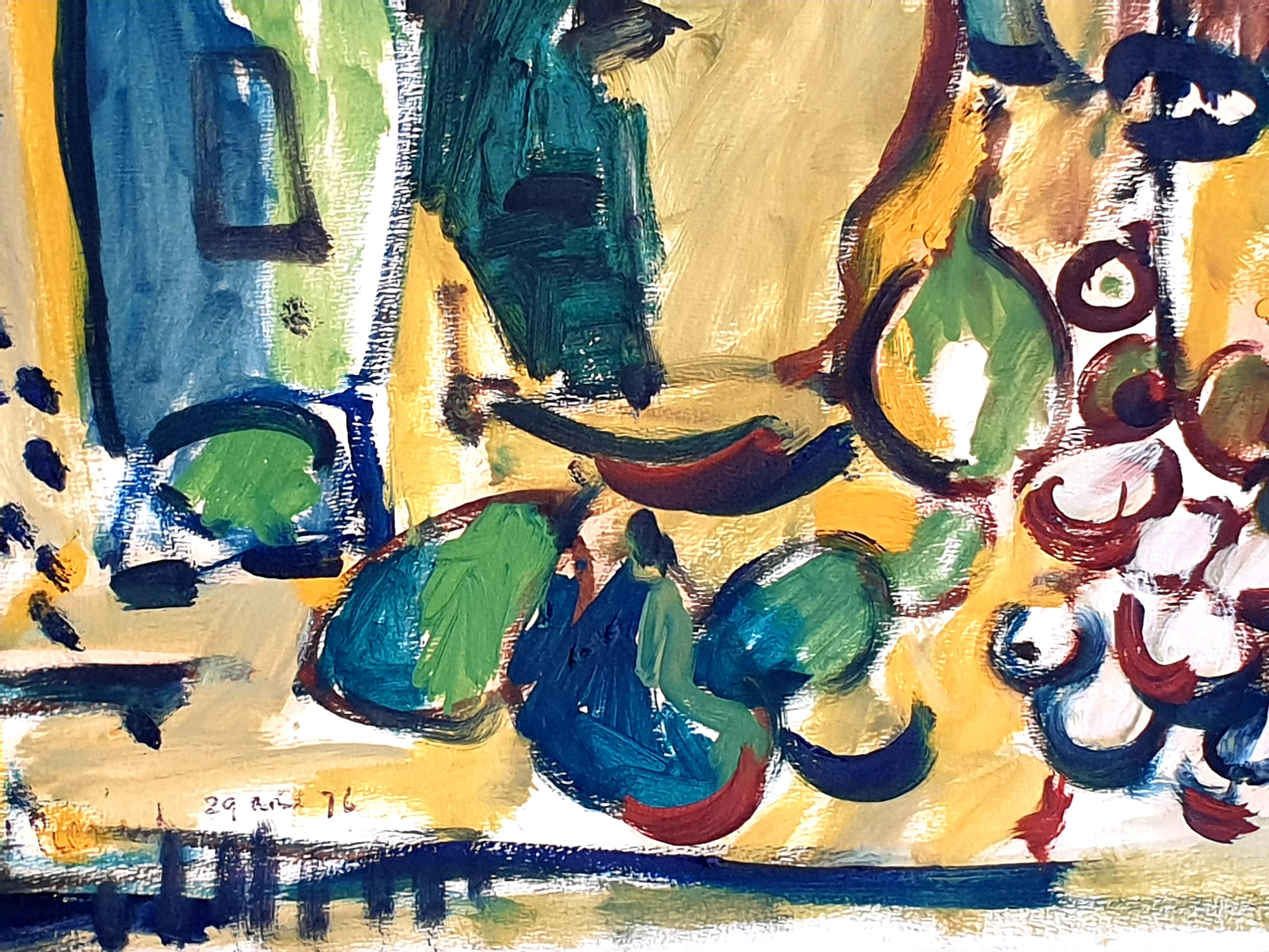 1970s Belgian Gouache Still Life Provençal Tablescape of Fruit and Tableware. 1