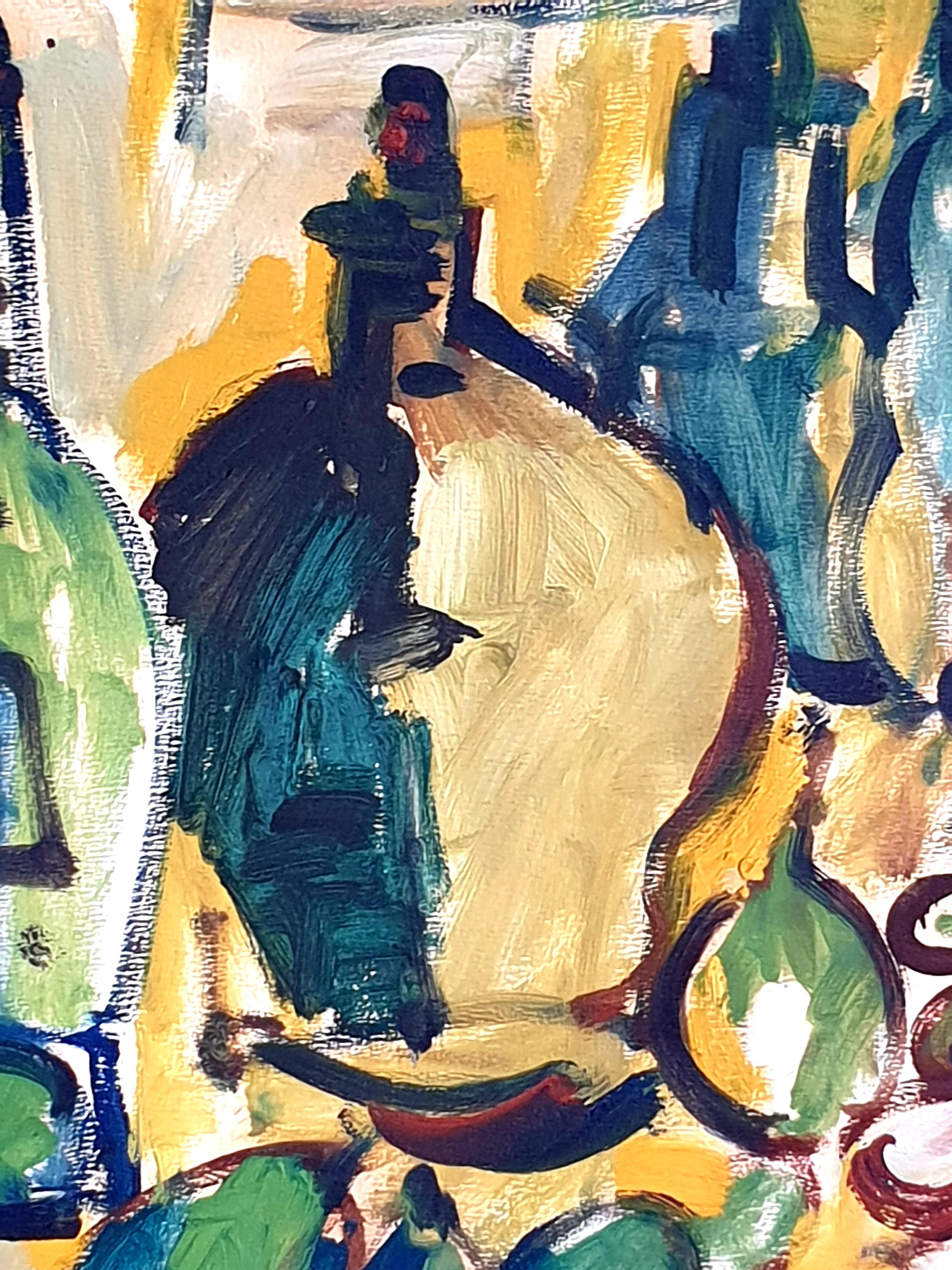 1970s Belgian Gouache Still Life Provençal Tablescape of Fruit and Tableware. 2