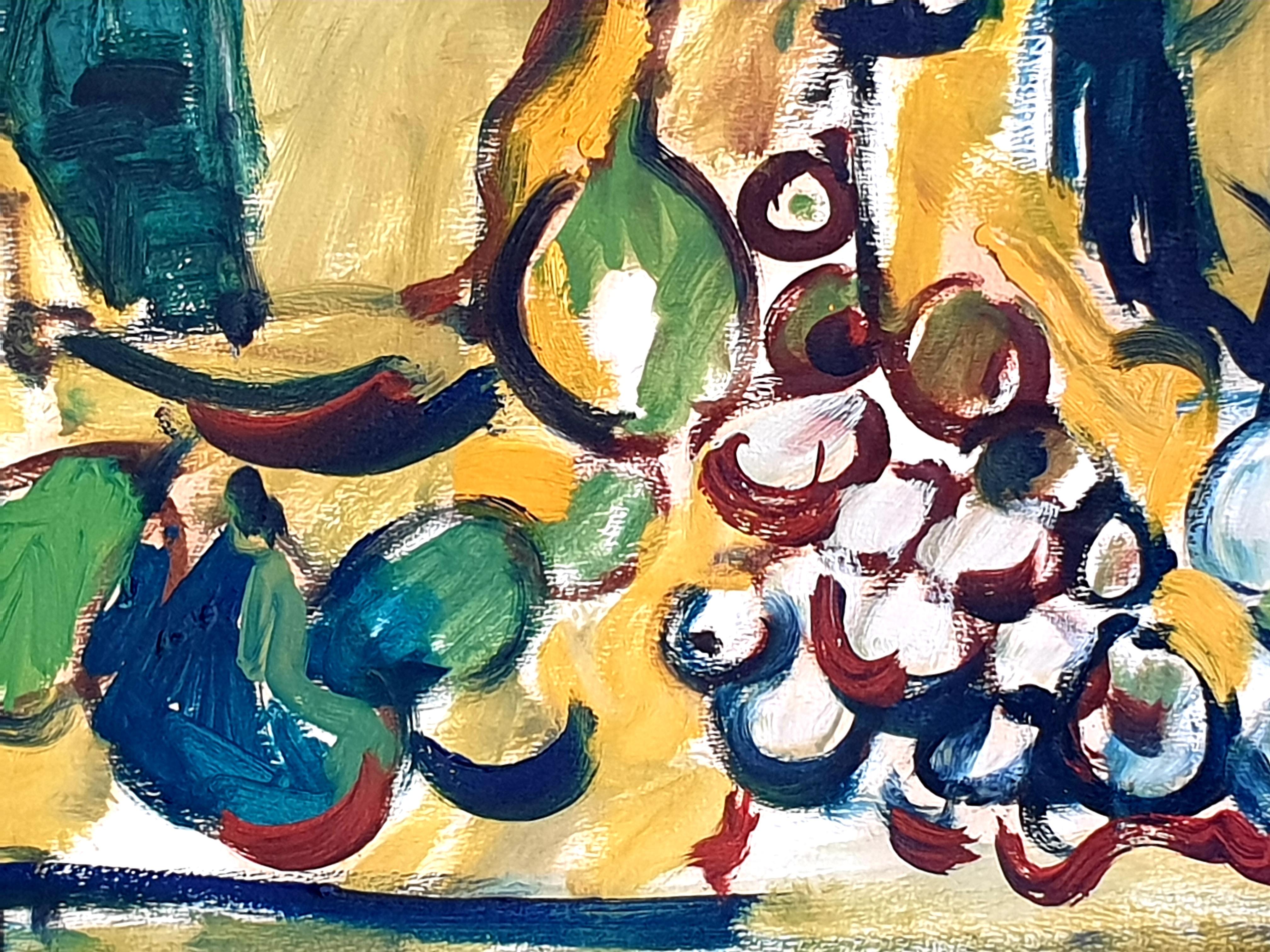 1970s Belgian Gouache Still Life Provençal Tablescape of Fruit and Tableware. 4