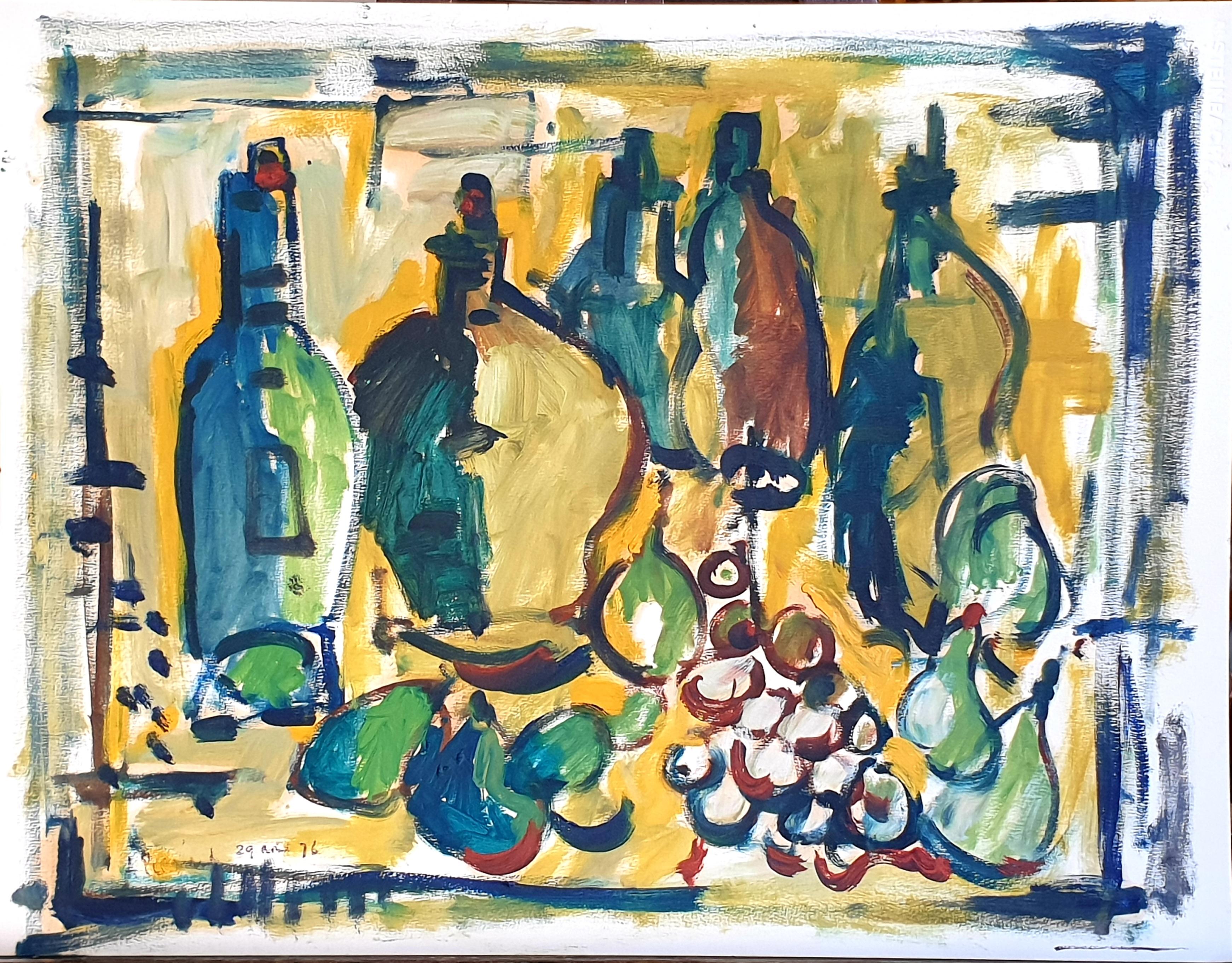 Belgisches Gouache-Stillleben aus den 1970er Jahren Provençalische Tischdekoration mit Obst und Tafelgeschirr.