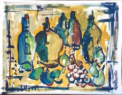 Belgisches Gouache-Stillleben aus den 1970er Jahren Provençalische Tischdekoration mit Obst und Tafelgeschirr.