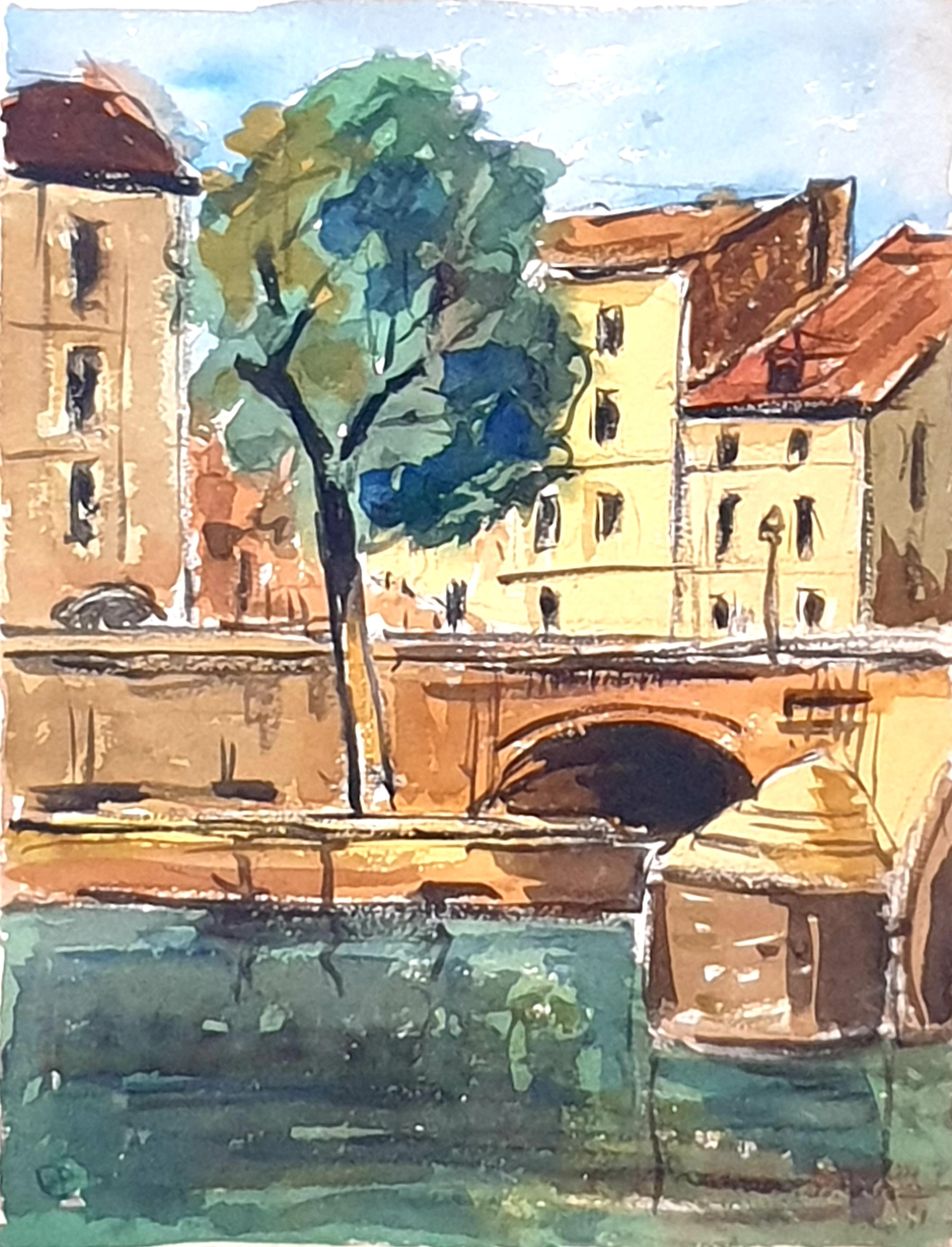 Two Mid-Century Watercolours Double Sided Paper, Village Landscape or Canal View For Sale 7