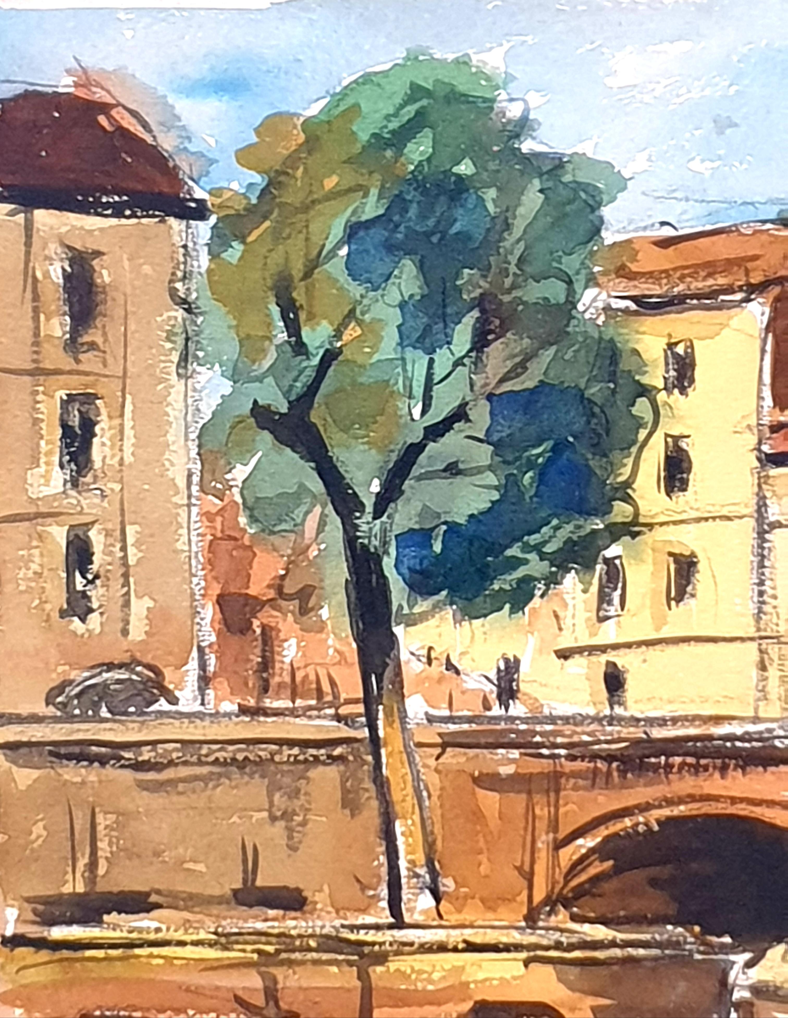 Two Mid-Century Watercolours Double Sided Paper, Village Landscape or Canal View For Sale 8