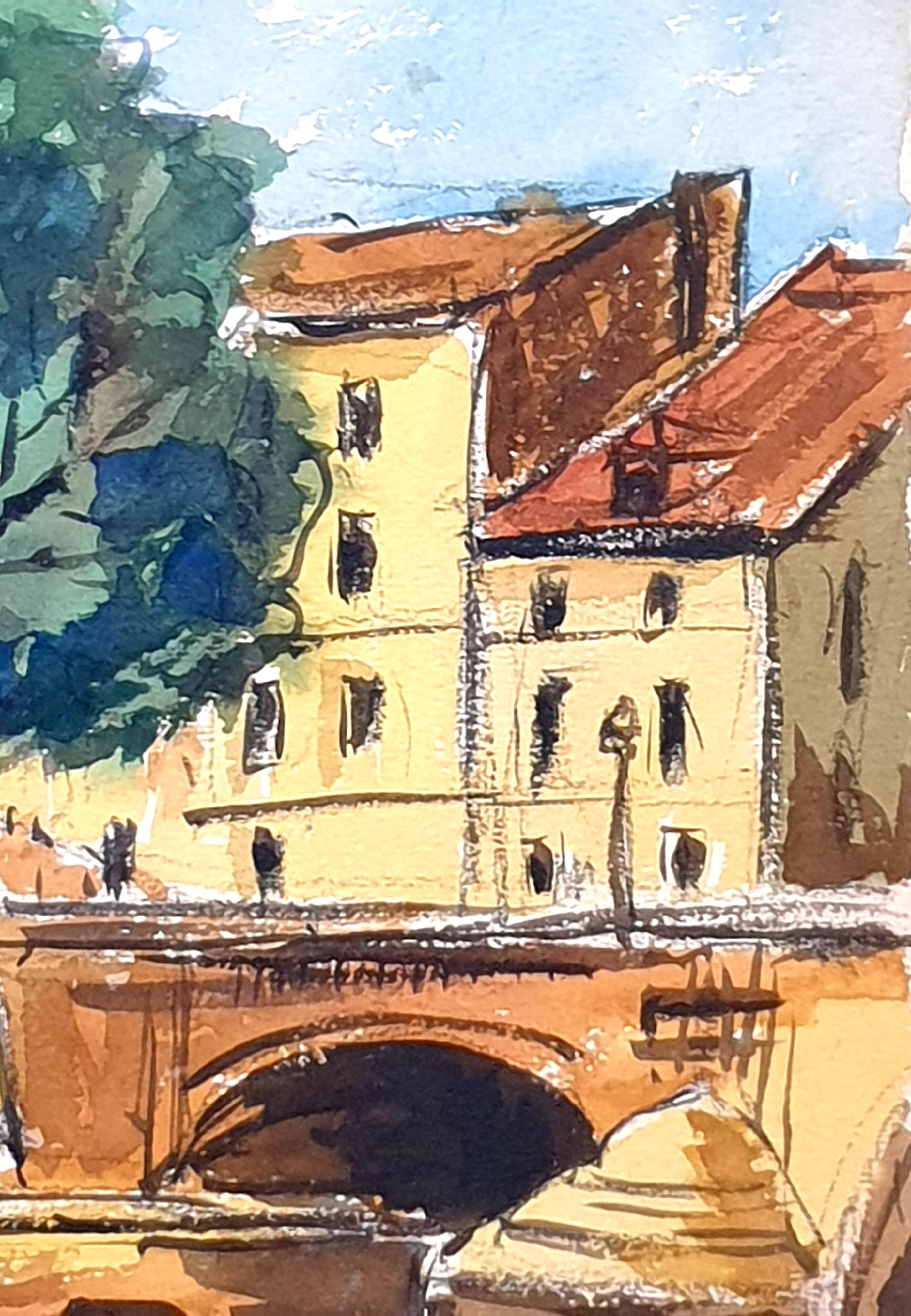 Two Mid-Century Watercolours Double Sided Paper, Village Landscape or Canal View For Sale 9