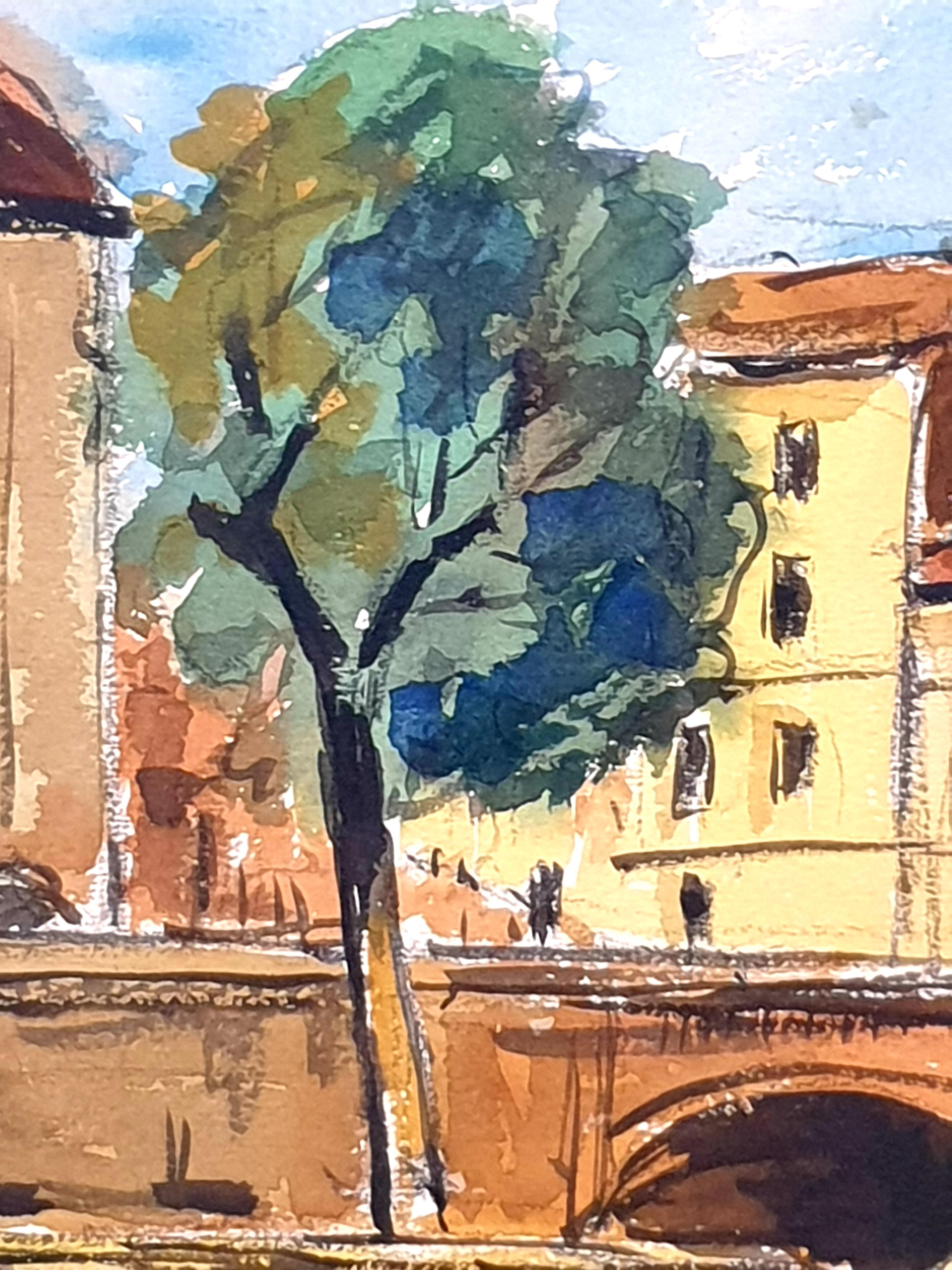 Two Mid-Century Watercolours Double Sided Paper, Village Landscape or Canal View For Sale 13