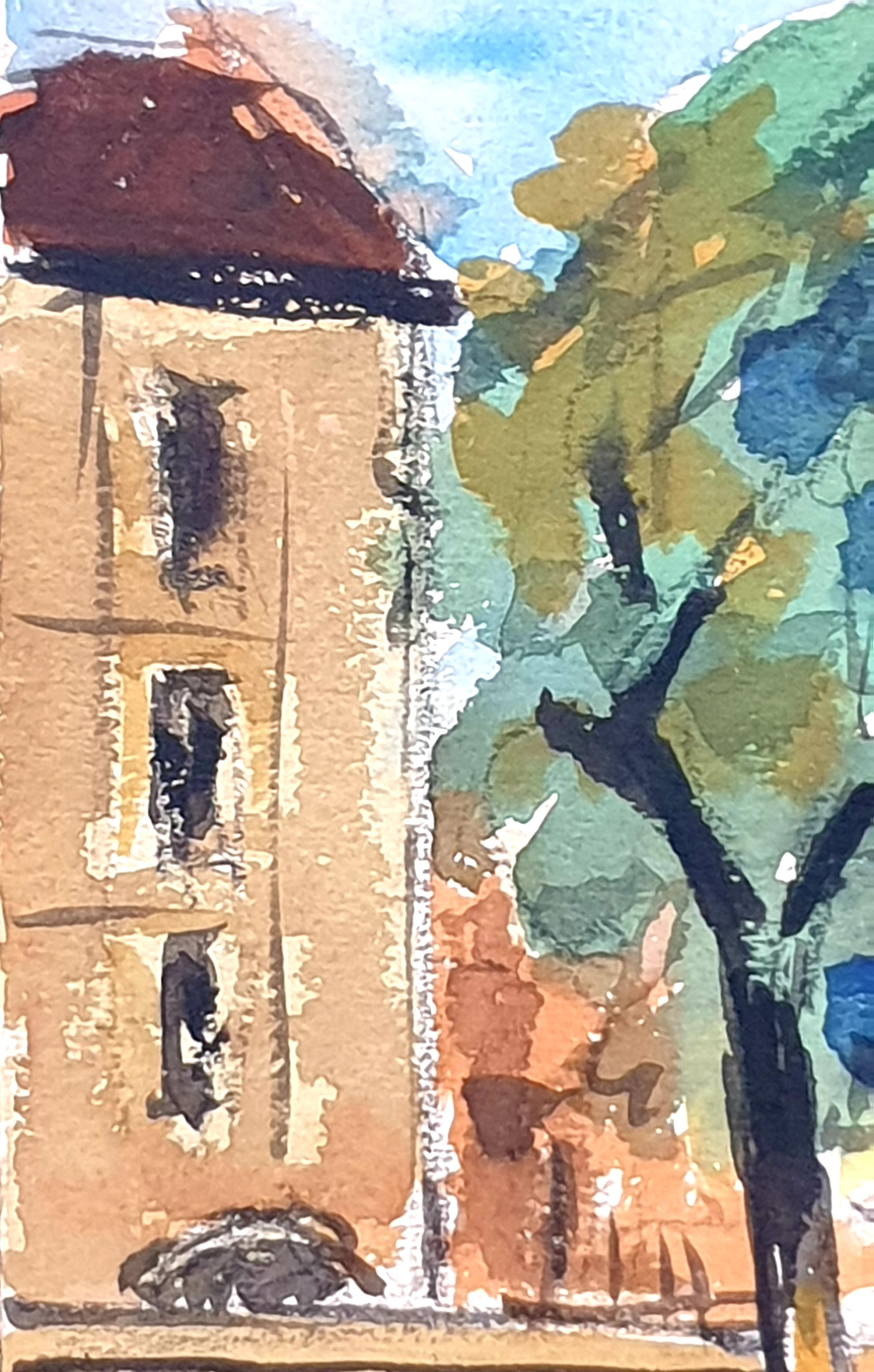 Two Mid-Century Watercolours Double Sided Paper, Village Landscape or Canal View For Sale 14