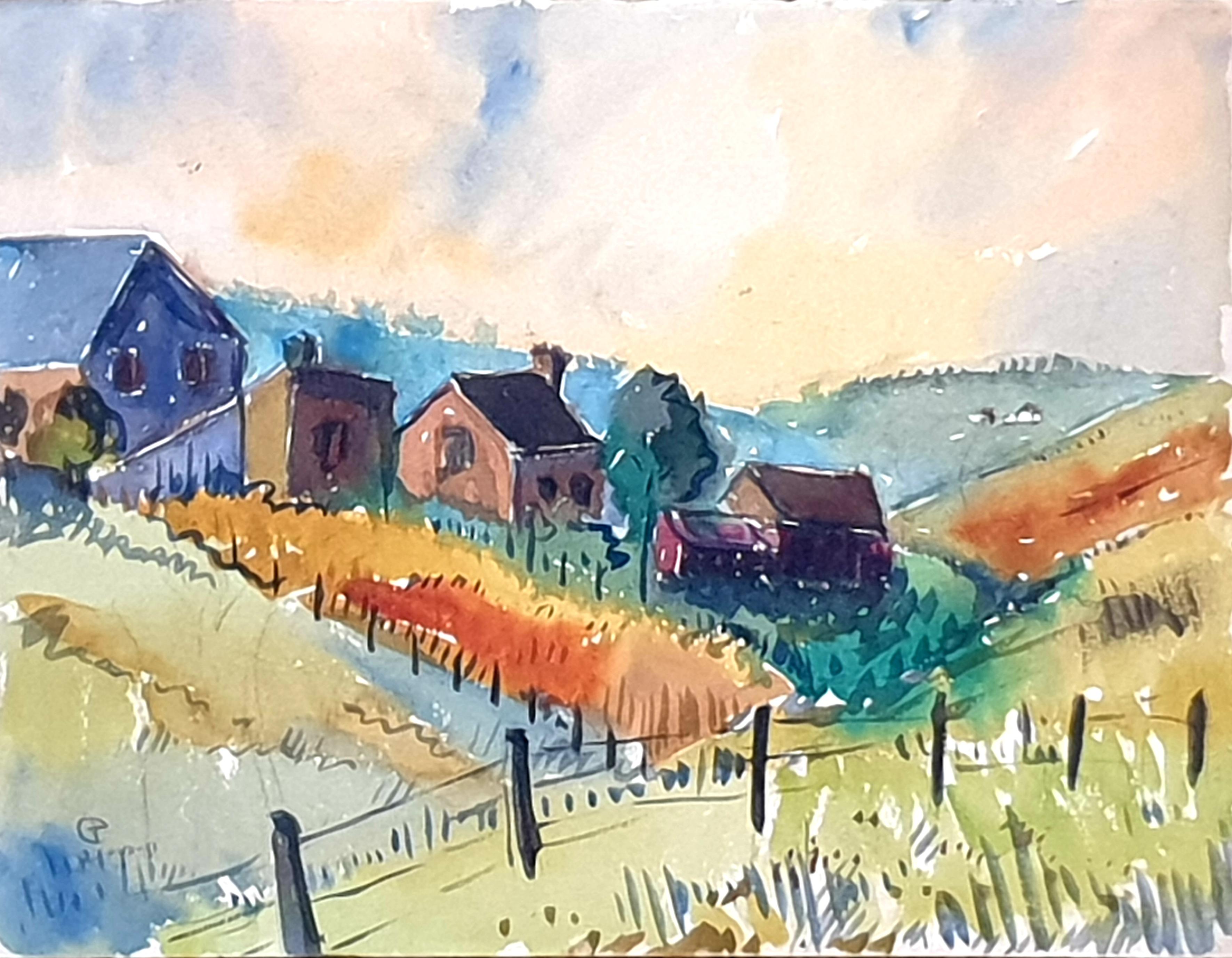 Two Mid-Century Watercolours Double Sided Paper, Village Landscape or Canal View - Painting by André Pierard