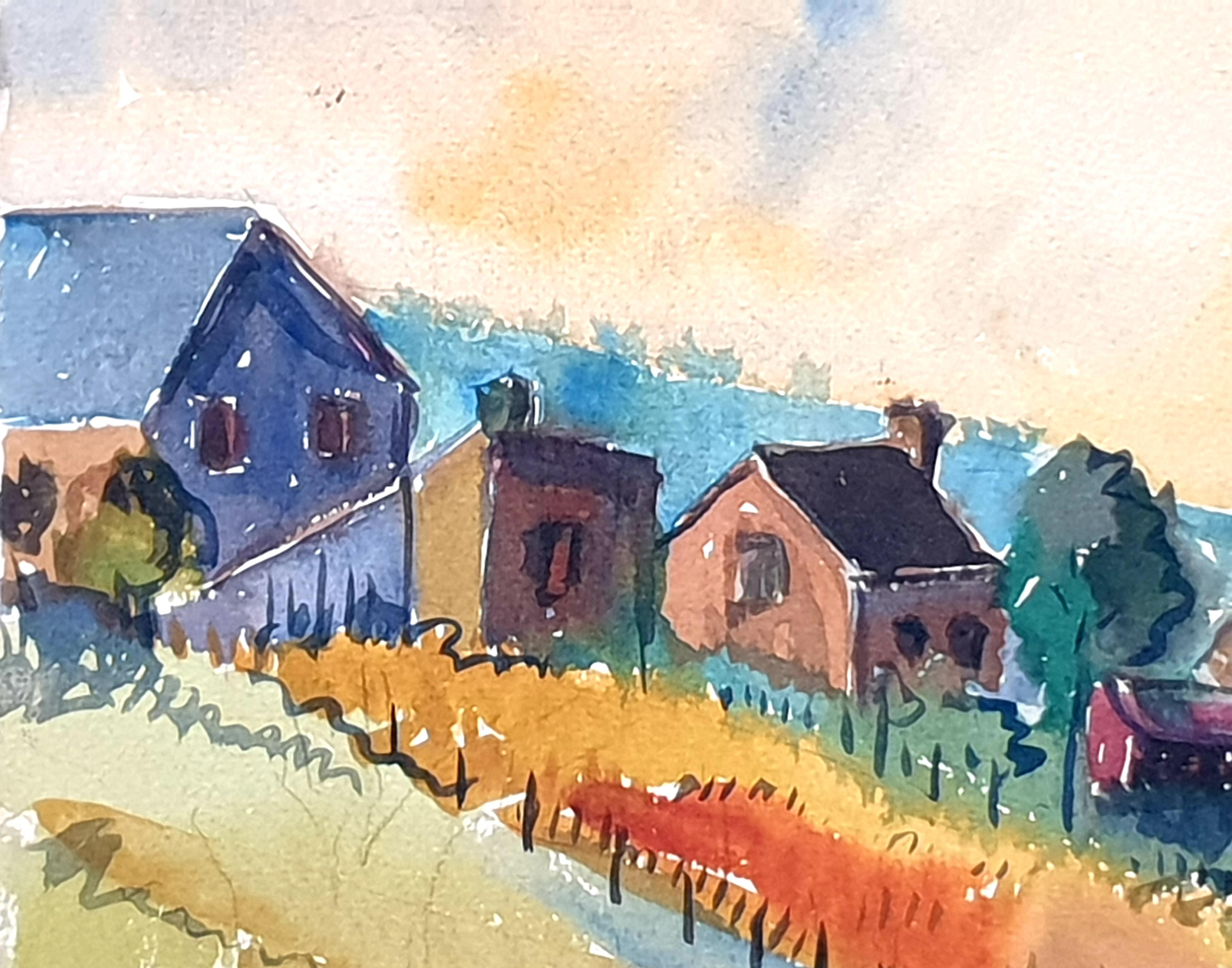 Two Mid-Century Watercolours Double Sided Paper, Village Landscape or Canal View - Fauvist Painting by André Pierard