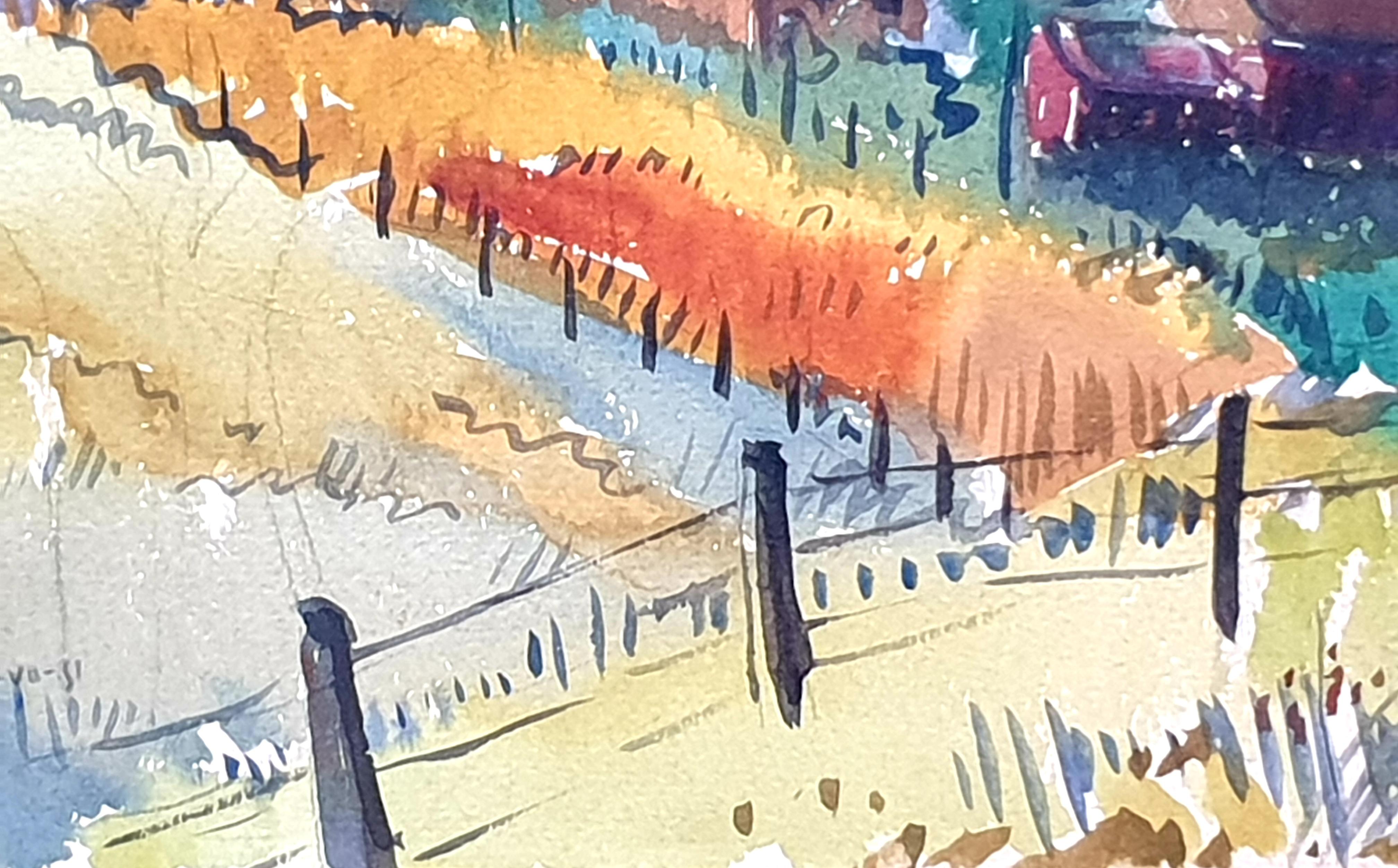 Two Mid-Century Watercolours Double Sided Paper, Village Landscape or Canal View - Beige Landscape Painting by André Pierard