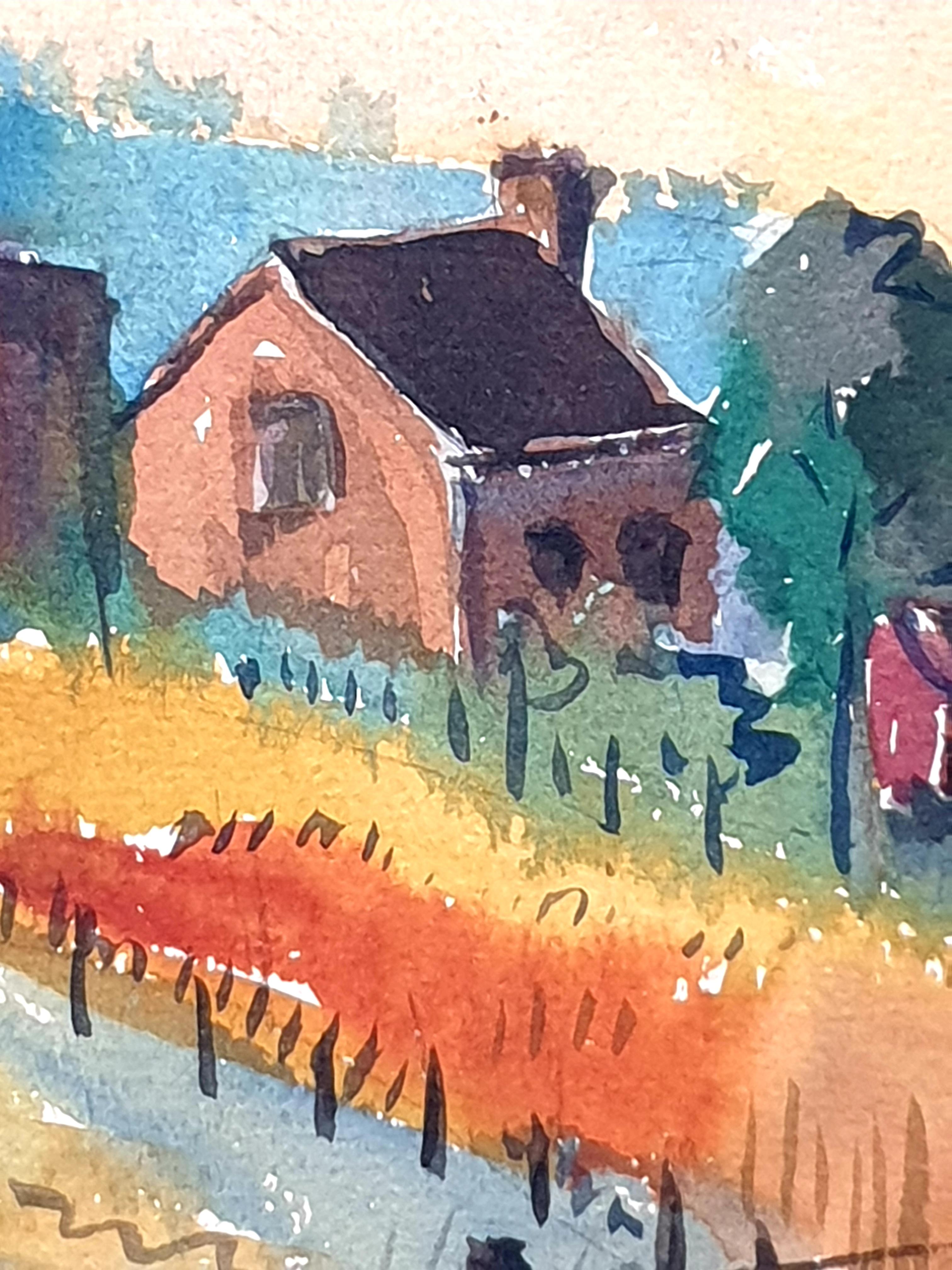 Two Mid-Century Watercolours Double Sided Paper, Village Landscape or Canal View For Sale 1