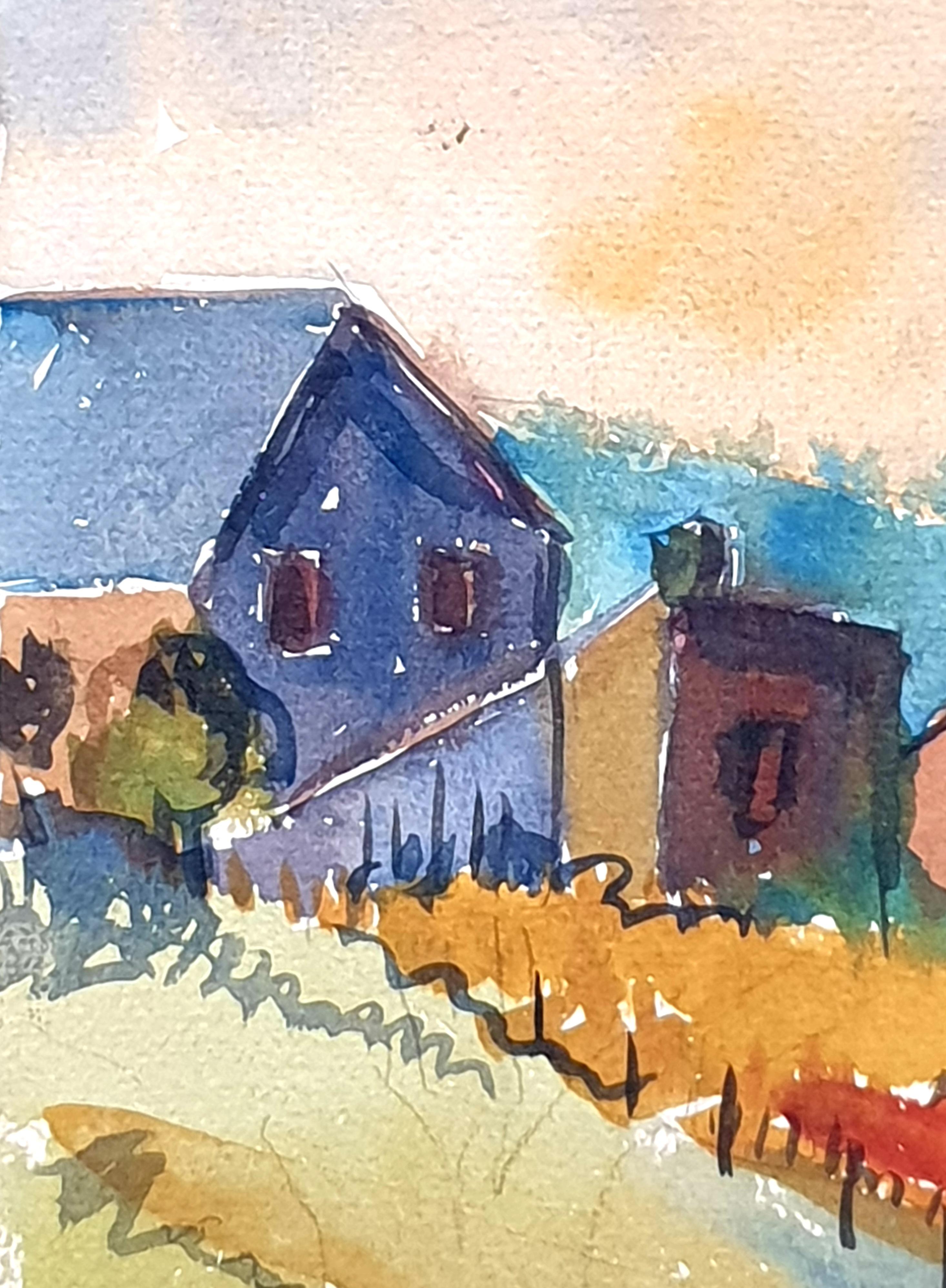 Two Mid-Century Watercolours Double Sided Paper, Village Landscape or Canal View For Sale 2