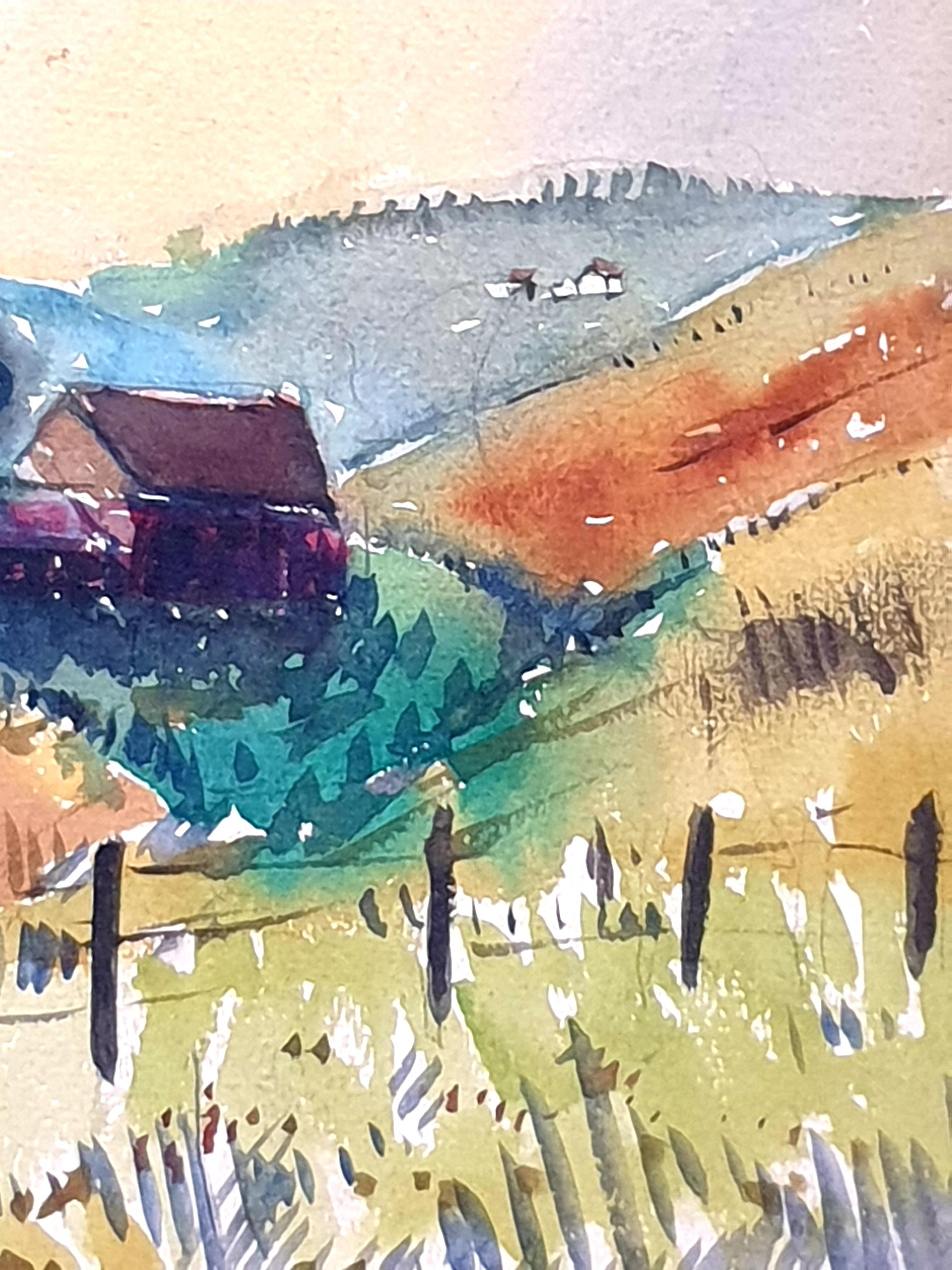 Two Mid-Century Watercolours Double Sided Paper, Village Landscape or Canal View For Sale 3