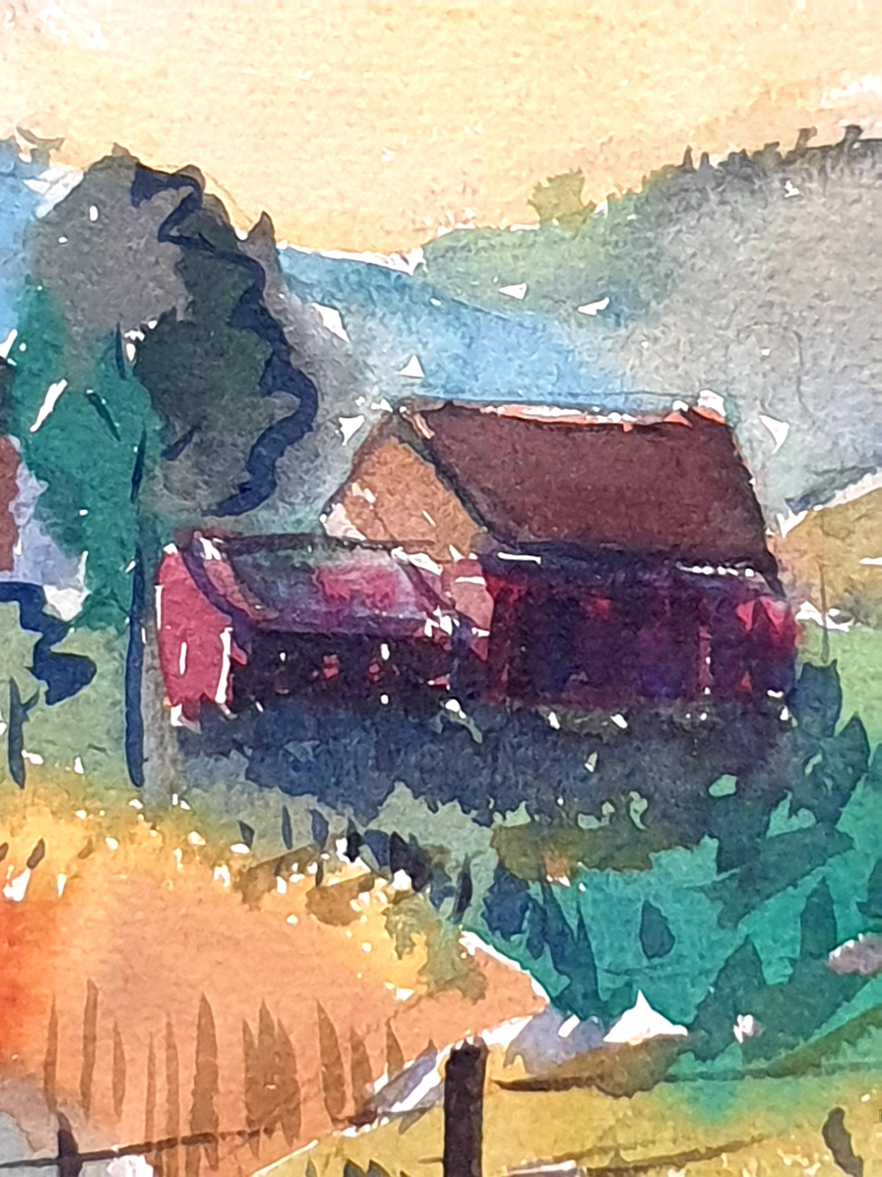 Two Mid-Century Watercolours Double Sided Paper, Village Landscape or Canal View For Sale 4