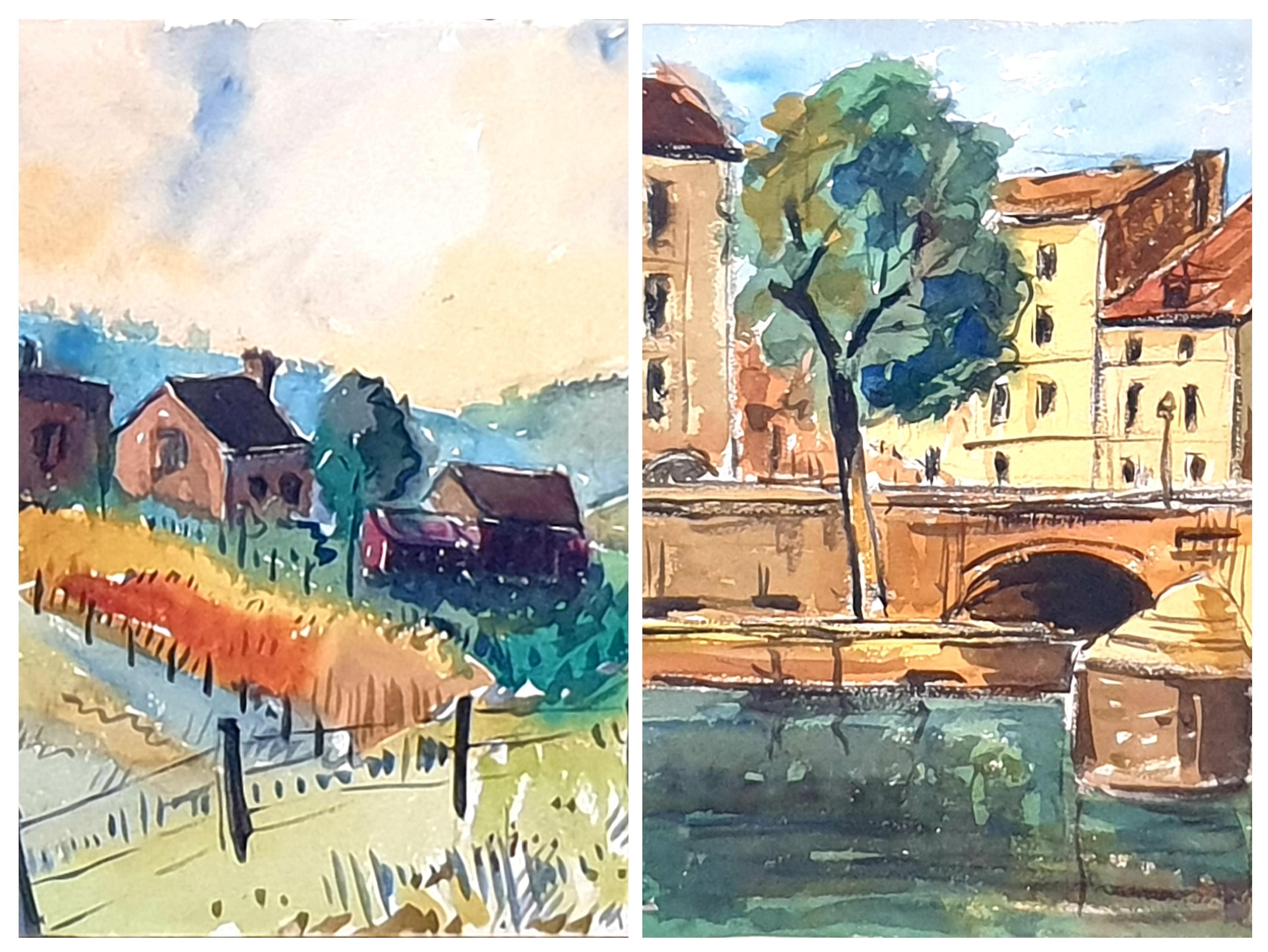 André Pierard Landscape Painting - Two Mid-Century Watercolours Double Sided Paper, Village Landscape or Canal View